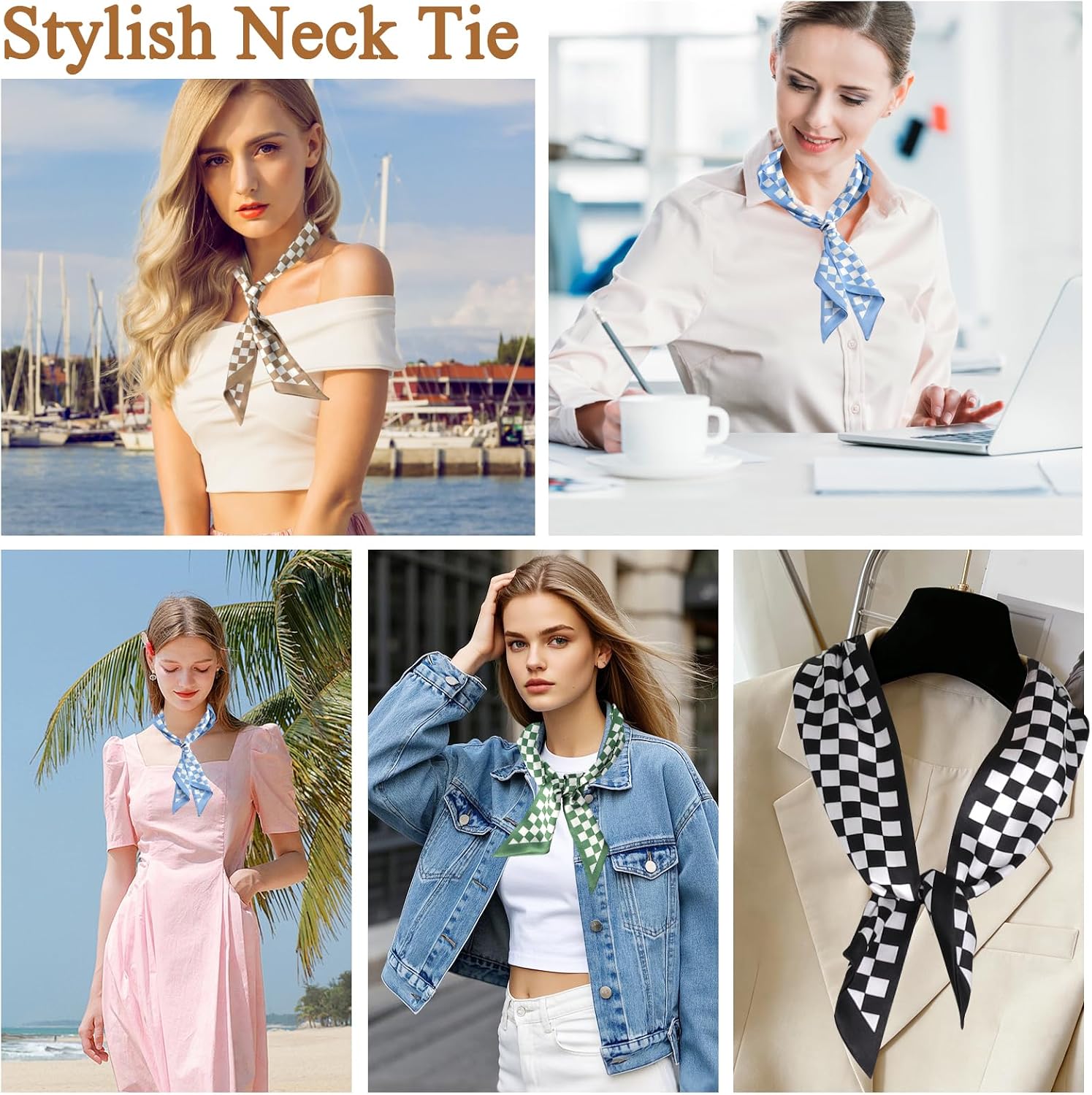 4 Pcs Purse Scarf for Women, Fashion Neck Scarfs Long Satin Skinny Checkered Bag Scarf for Handbags Purse Handle Hair Accessories