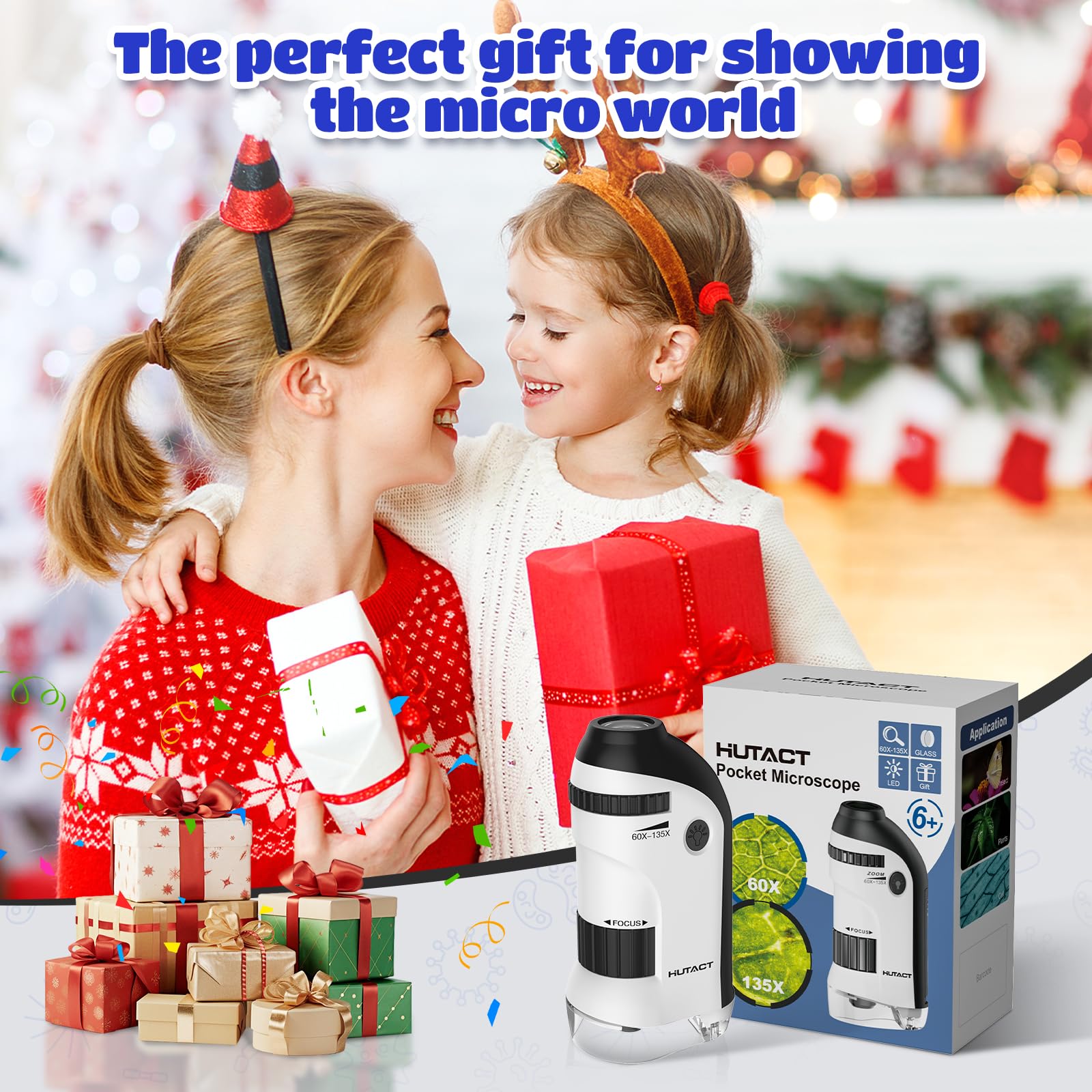 Microscopio Tascabile con Set di Vetrini: 60x-135x Microscopia Mini a LED Microscopio Portatile Bambini Regalo Educativo per Studenti Adulti Osservazione Microbiologica - Bianco