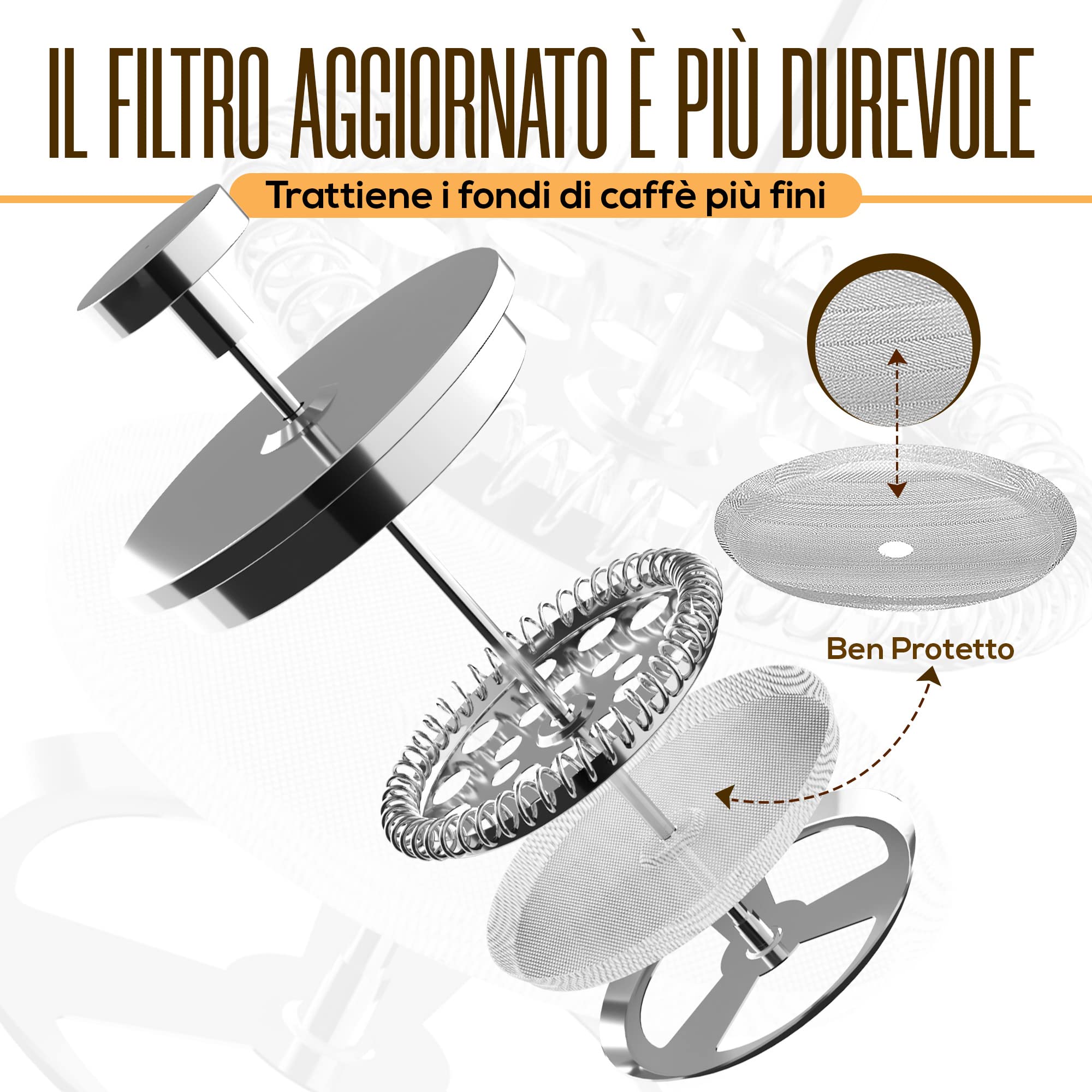 KICHLY Caffettiera a pistone in acciaio inox, macchina per caffè espresso e tè con triplo filtro, vetro resistente al calore con pistone in acciaio, caffettiera portatile, 34 oz (1,0 litri), argento