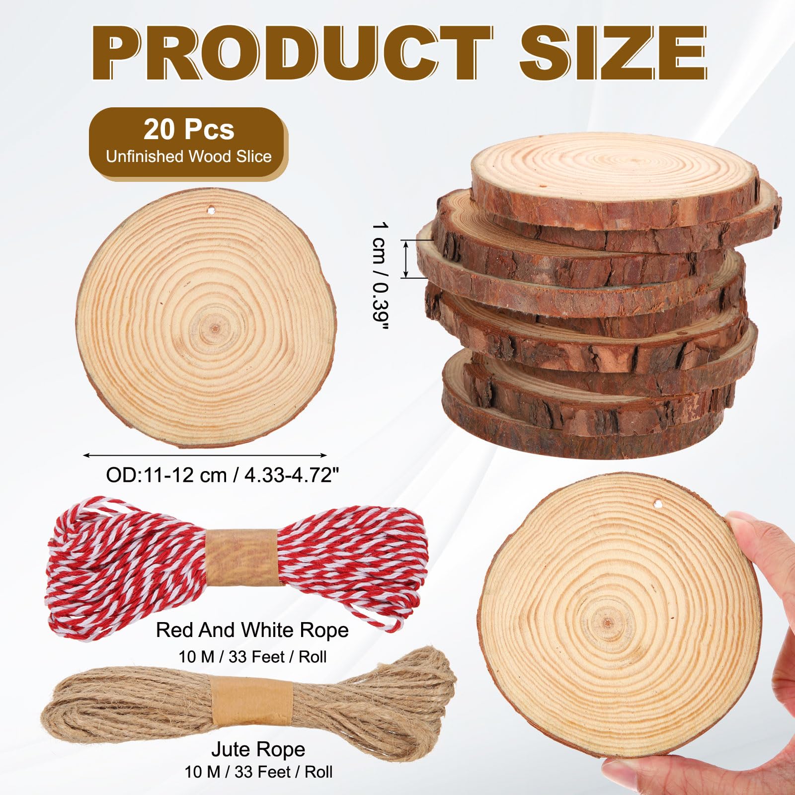 QUARKZMAN 20 Piezas Kit Rodajas Madera 4,3-4,7 Pulgadas Pretaladrados | Sin Acabado, con Corteza, Círculos Redondos, para Manualidades, Adornos de Navidad y Decoración de Boda Rústica