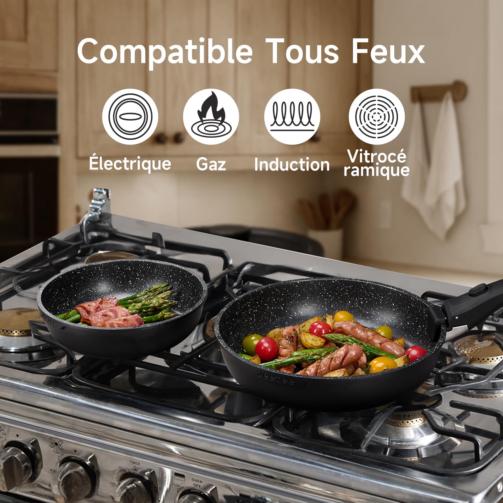 JEETEE Batterie de Cuisine 25 Pièces avec Poignées Amovibles pour Induction | Lot Casseroles et Poêles Antiadhésives, Sans PFOA, Batterie Cuisine Empilable Gain de Place pour Four, Camping et Tout Feux