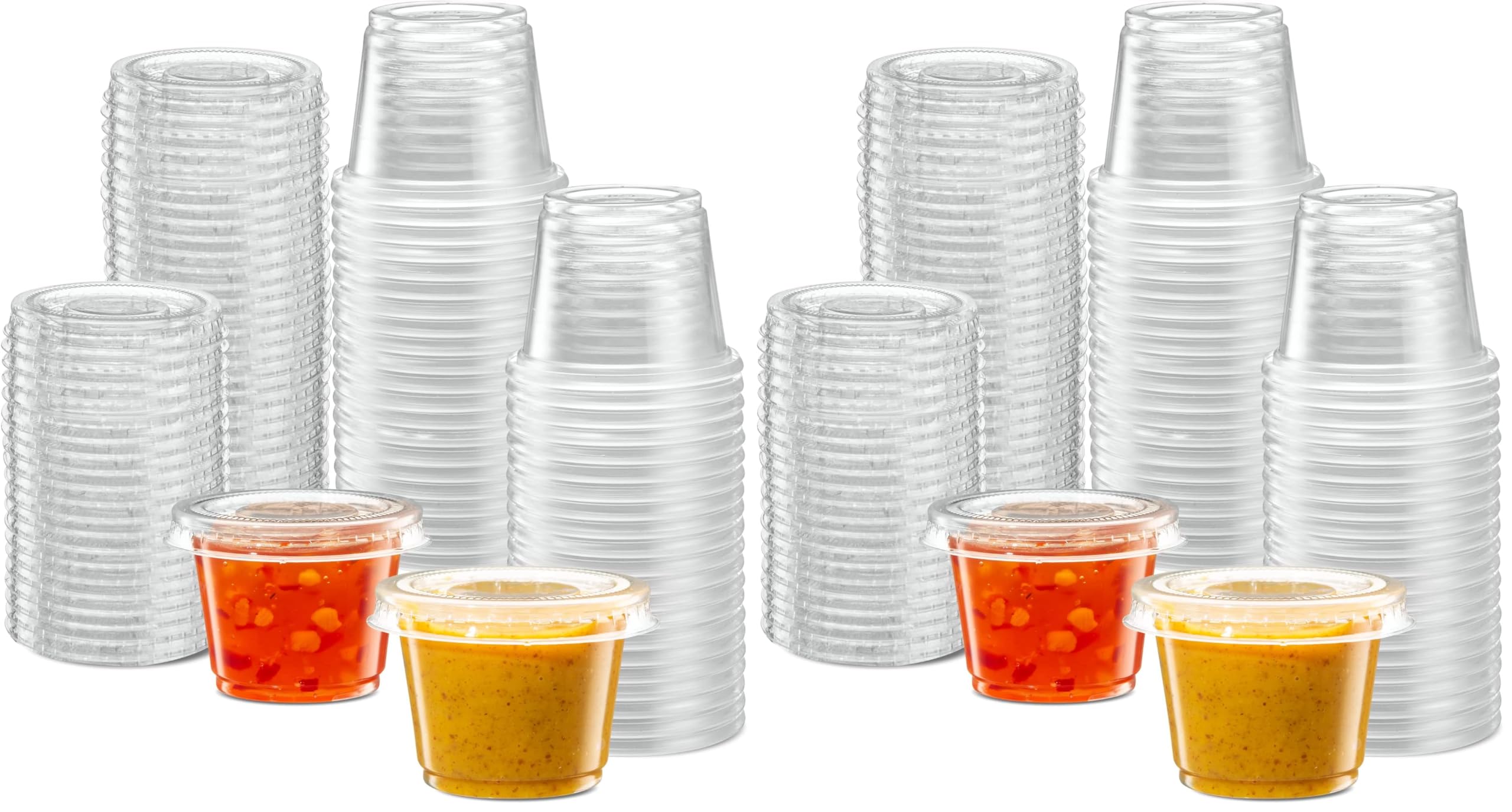 ELEGANT DISPOSABLES (1 oz - 100 Sets Clear Diposable Plastic Portion Cups With Lids, Small Mini Containers For Portion Controll, Jello Shots, Meal Prep, Sauce Cups, Slime, Condiments, (Pack of 2)