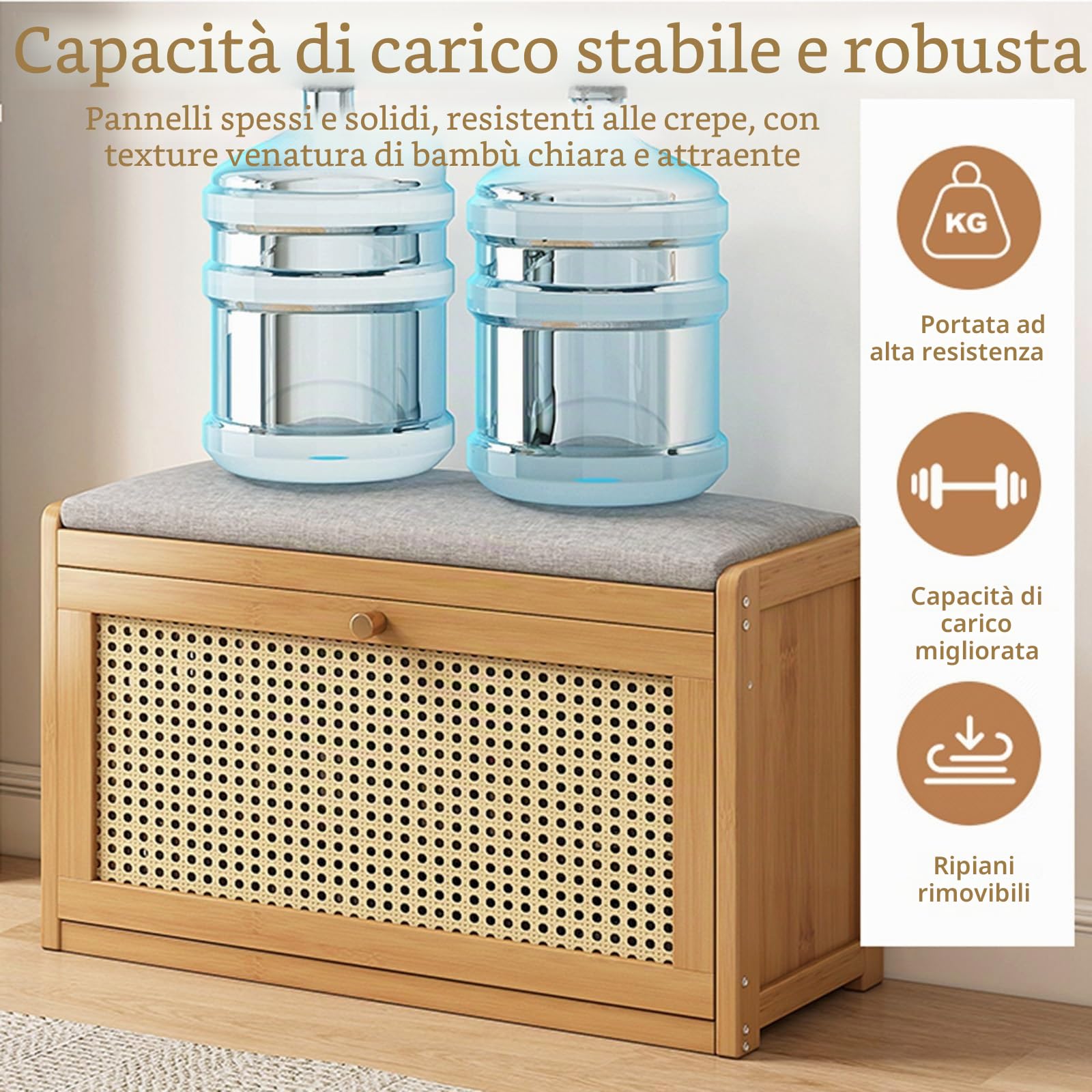 Elegante scarpiera in legno con portaoggetti in rattan, scarpiera e seduta versatile per corridoio e camera da letto, scarpiera marrone (50 x 24 x 44 cm)