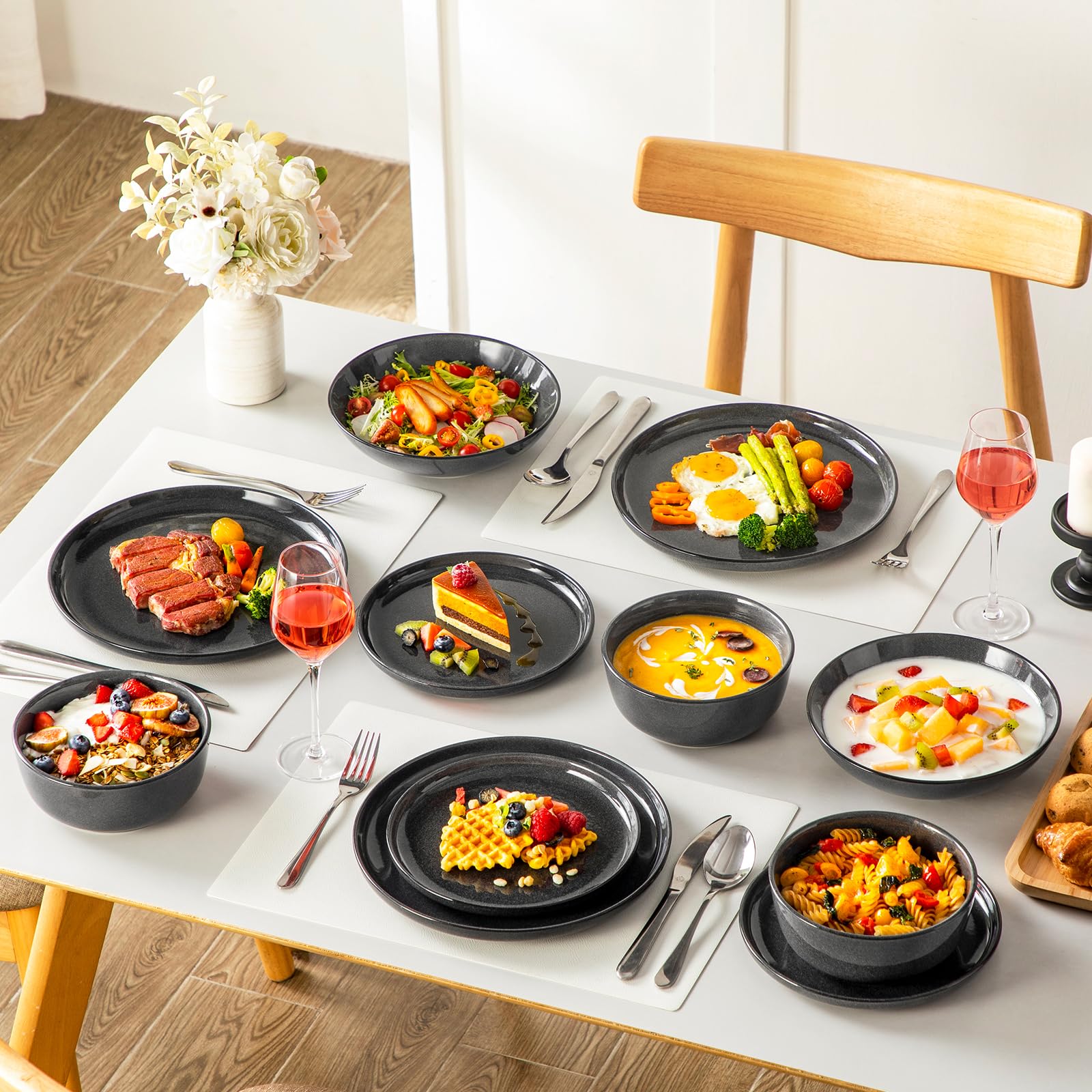 vancasso Série ANYA Assiettes Service de Table 24 Pièces pour 6 Personnes, Vaisselle en Grès - Glaçure Gris Double Flambé - Passe au Micro-Ondes, au Four et Au Lave-Vaisselle