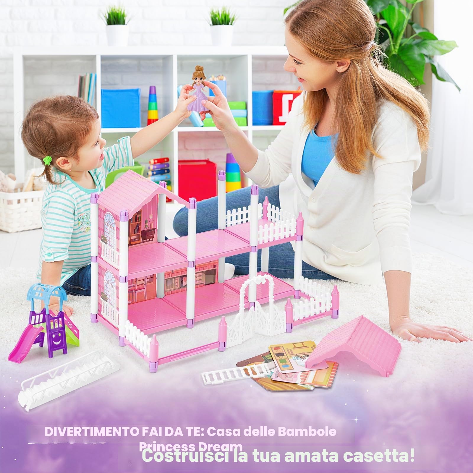 deAO Casa delle Bambole Piccola con 2 Bambole, Mobili e Accessori, Villa dei Sogni con 5 Stanze, 1 Terrazza e Giardino, Gioco Creativo per Bambine 3-8 Anni, Rosa
