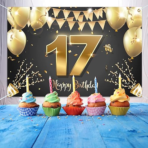 Miniatura 5 de HAMIGAR Fondo de pancarta de feliz cumpleaños número 17 de 6 x 4 pies, decoraciones de cumpleaños de 17 años, suministros de fiesta para niñas y