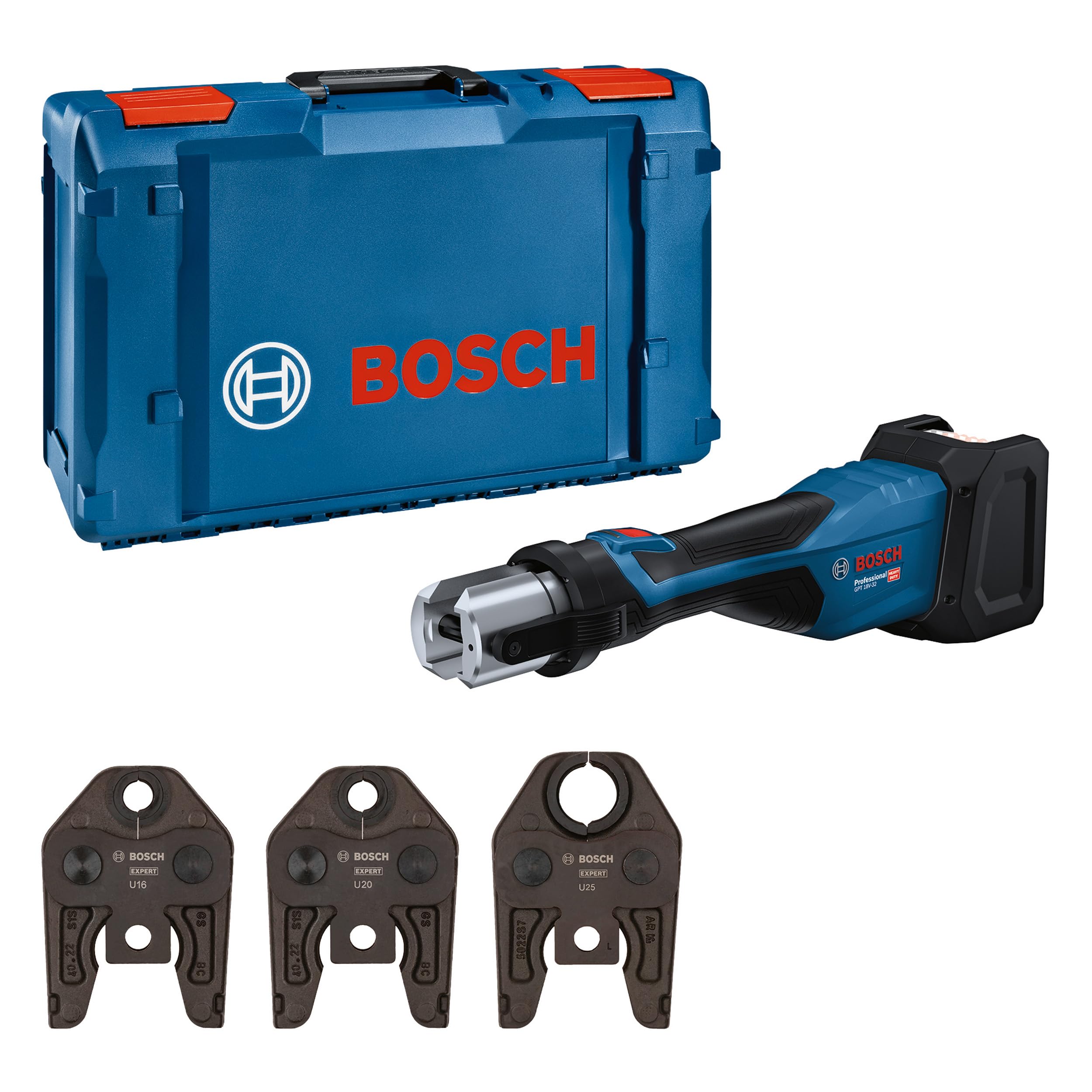 Bosch Professional 18V System Herramienta de Prensado a Batería GPT 18V-32 (32 kN potencia, conect. plástico hasta 110 mm, conect. metal hasta 54 mm, incl. mesa mordaza prensa U16, U20, U25, XL-BOXX)