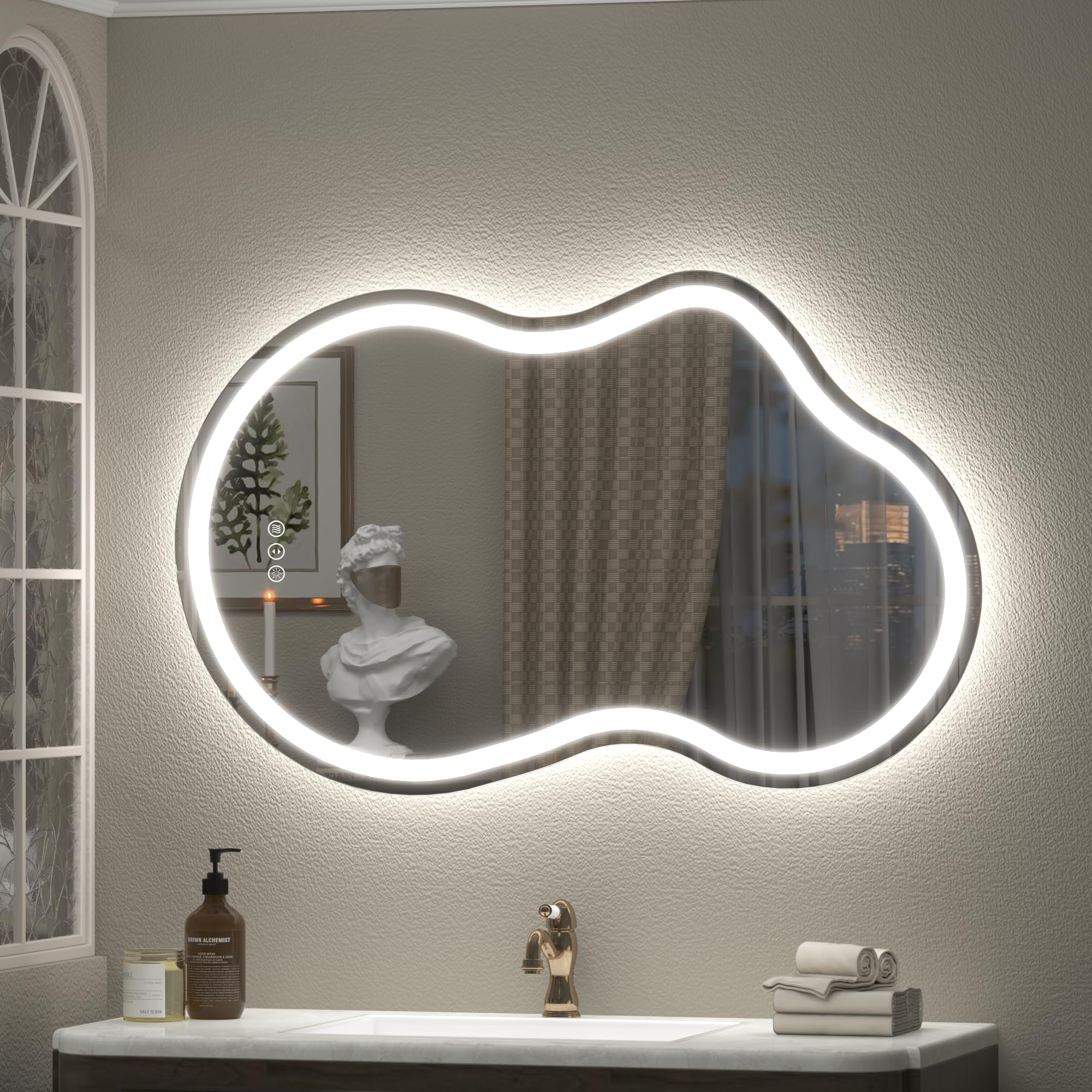 Asymmetrischer LED-Badezimmerspiegel, unregelmäßige Wolke, LED-beleuchteter Kosmetikspiegel mit Lichtern für die Wand, beschlagfrei, dimmbar, 3 Farben, Speicher (horizontal/vertikal)