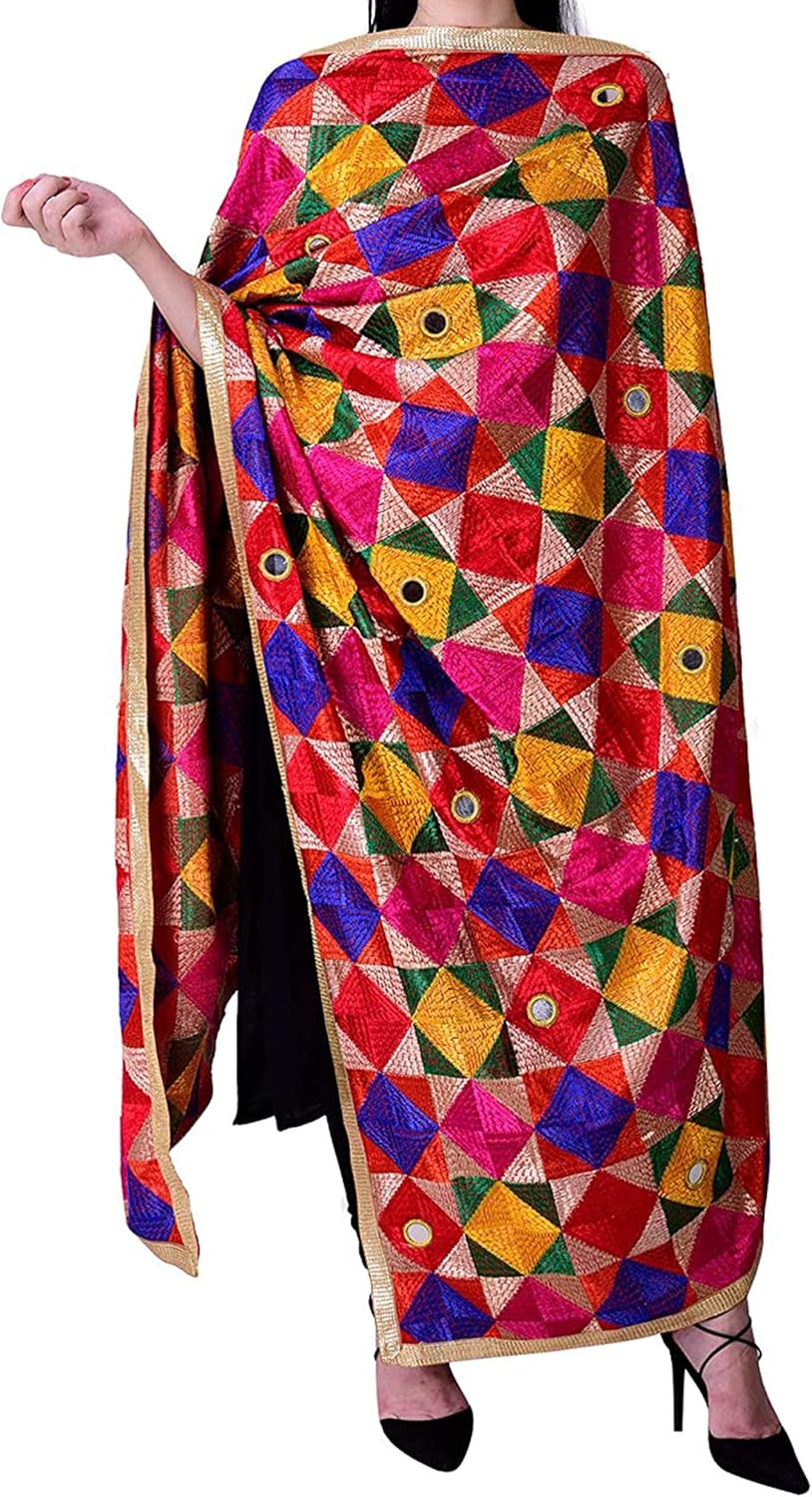 Phulkari Dupattas for Womens Hand Embroidered in Amritsar Punjabi Mirrors Fulkari Design - Image 2