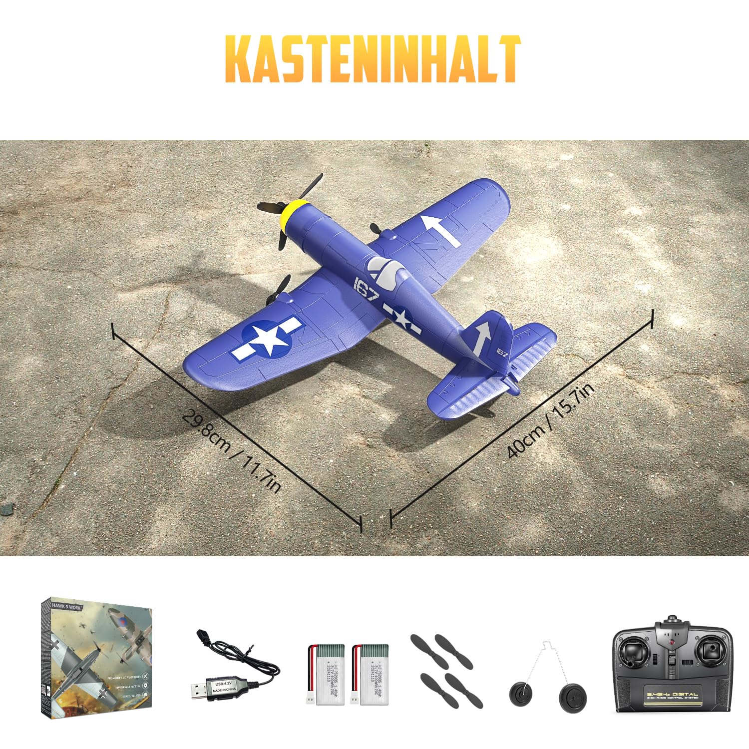 HAWK'S WORK 3-Kanal RC-Flugzeug F4U Corsair, Ferngesteuerter Warbird, Flugfertig, 2.4GHz 6-Achsen Gyro-Stabilisator, Einfach zu Fliegen für Kinder und Anfänger