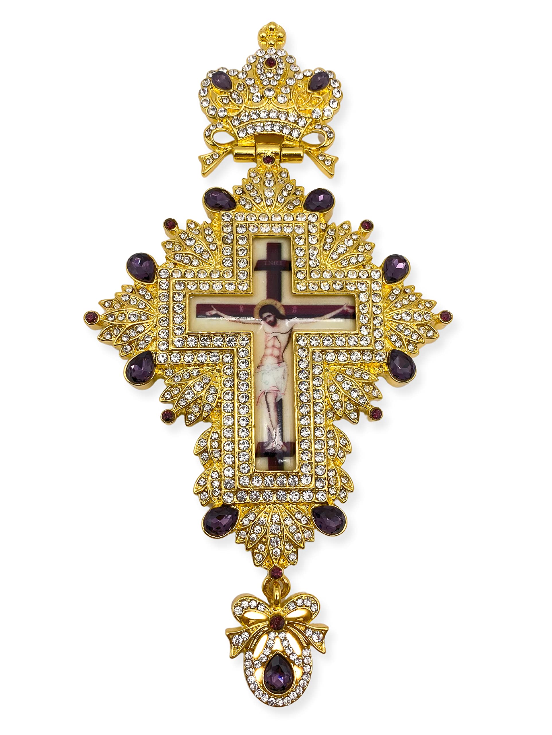 Nazareth Store Pozłacany 18-karatowym złotem krzyż pektoralny wiele cyrkonii krystalizowane elementy chrześcijański kapłan biskup duży krzyż wisiorek z naszyjnikiem 61 cm, 58 cm, szkło, bez kamienia