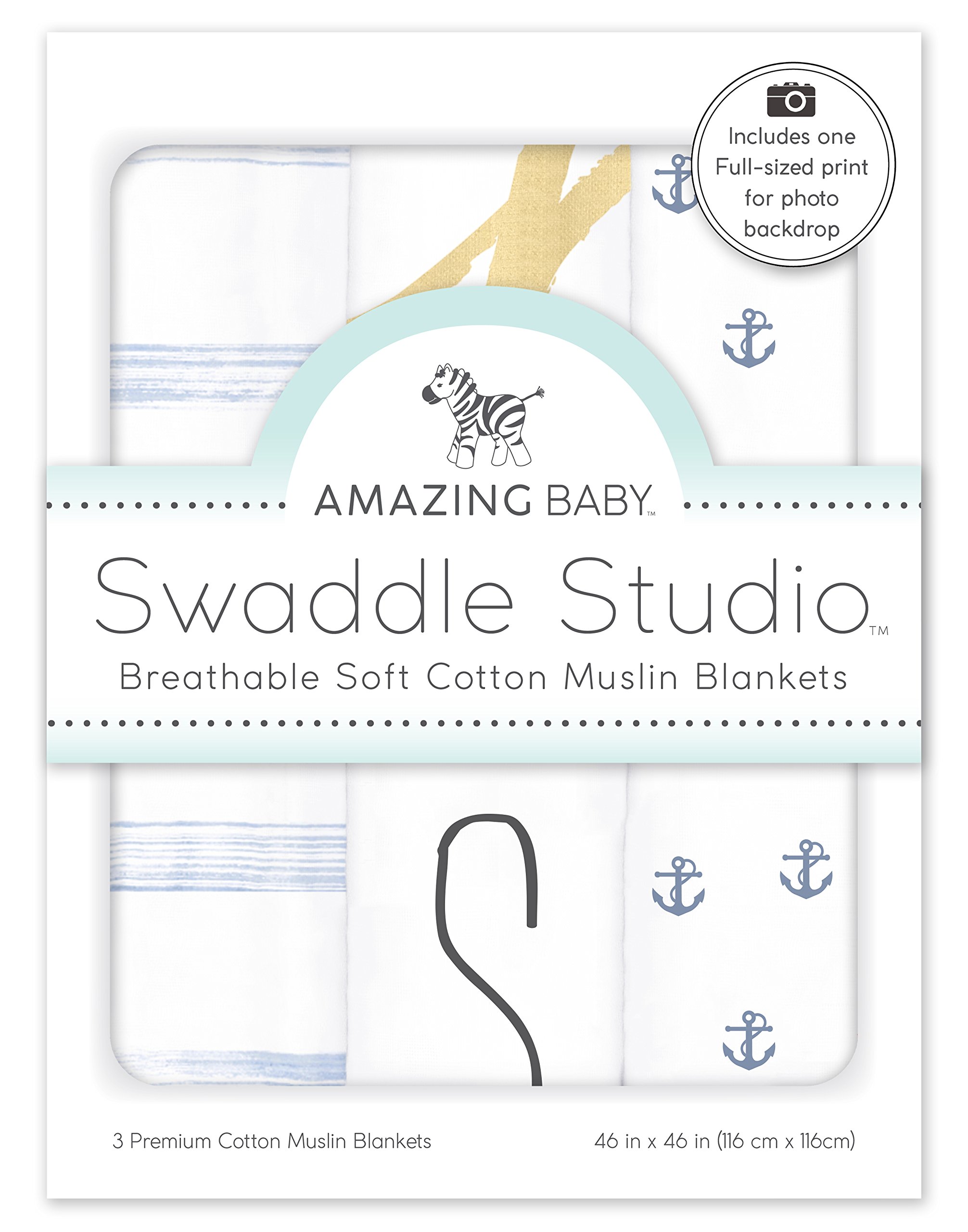 Amazing Baby Swaddle Studio Milestone Musselin-Decken 3er Set Thrive in the USA, Amerikanische Flagge, Denim