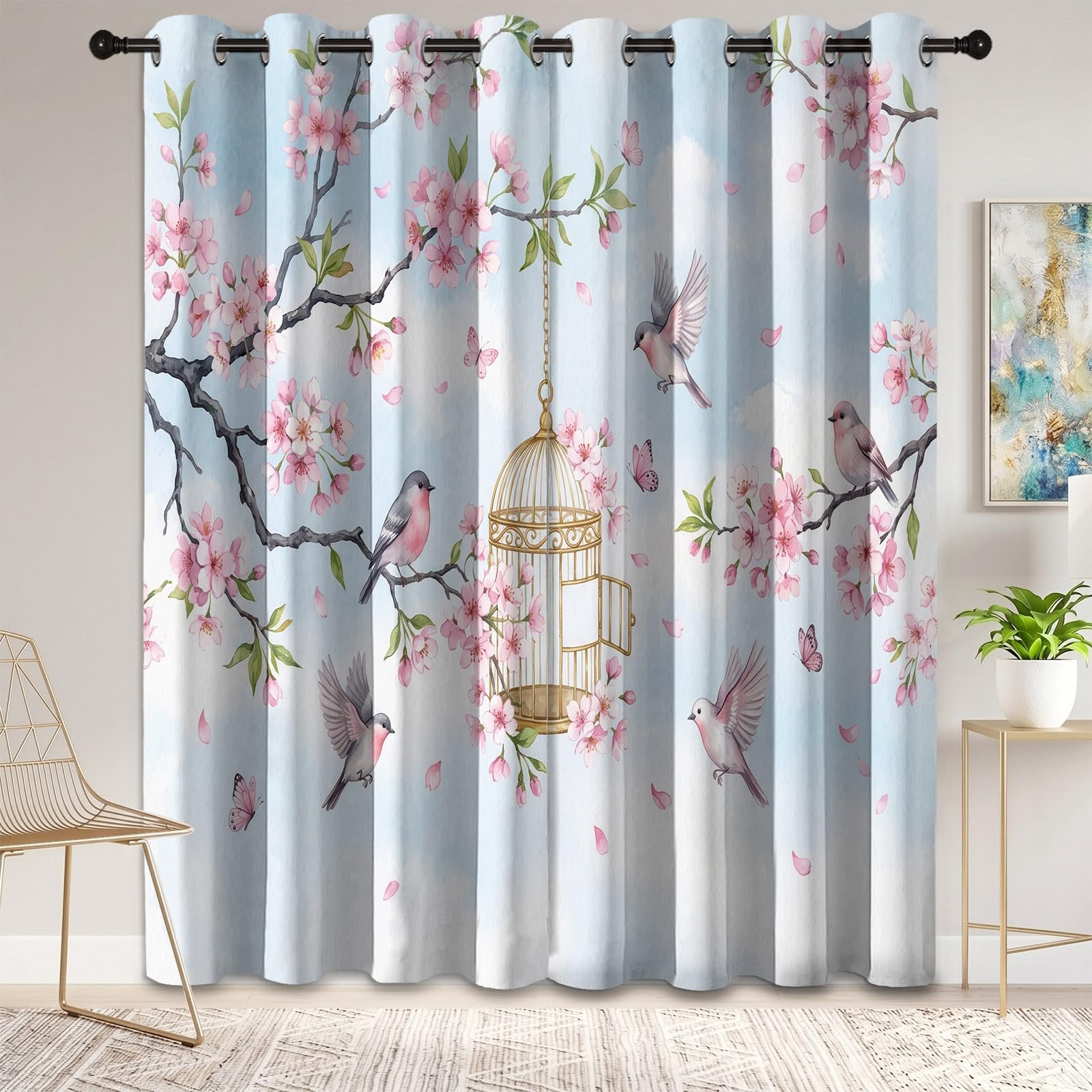 Rideau occultant Motif Graphique À Fleur De Fleurs De Cerisier, Rideaux œillets Isolation Thermique Traitements fenêtre à œillets pour Chambre À Coucher, 70L X 240H cm (2 Panneaux), Bleu