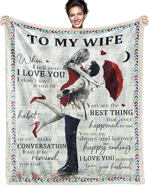 Gifts for Wife from Husband to My Wife Blanket, Personalized Throw Female Birthday Gifts, Romantic Gifts Birthday Christmas Valentine's Mother's Day Healing Bed Blanket (Grey-To Wife-130*150)