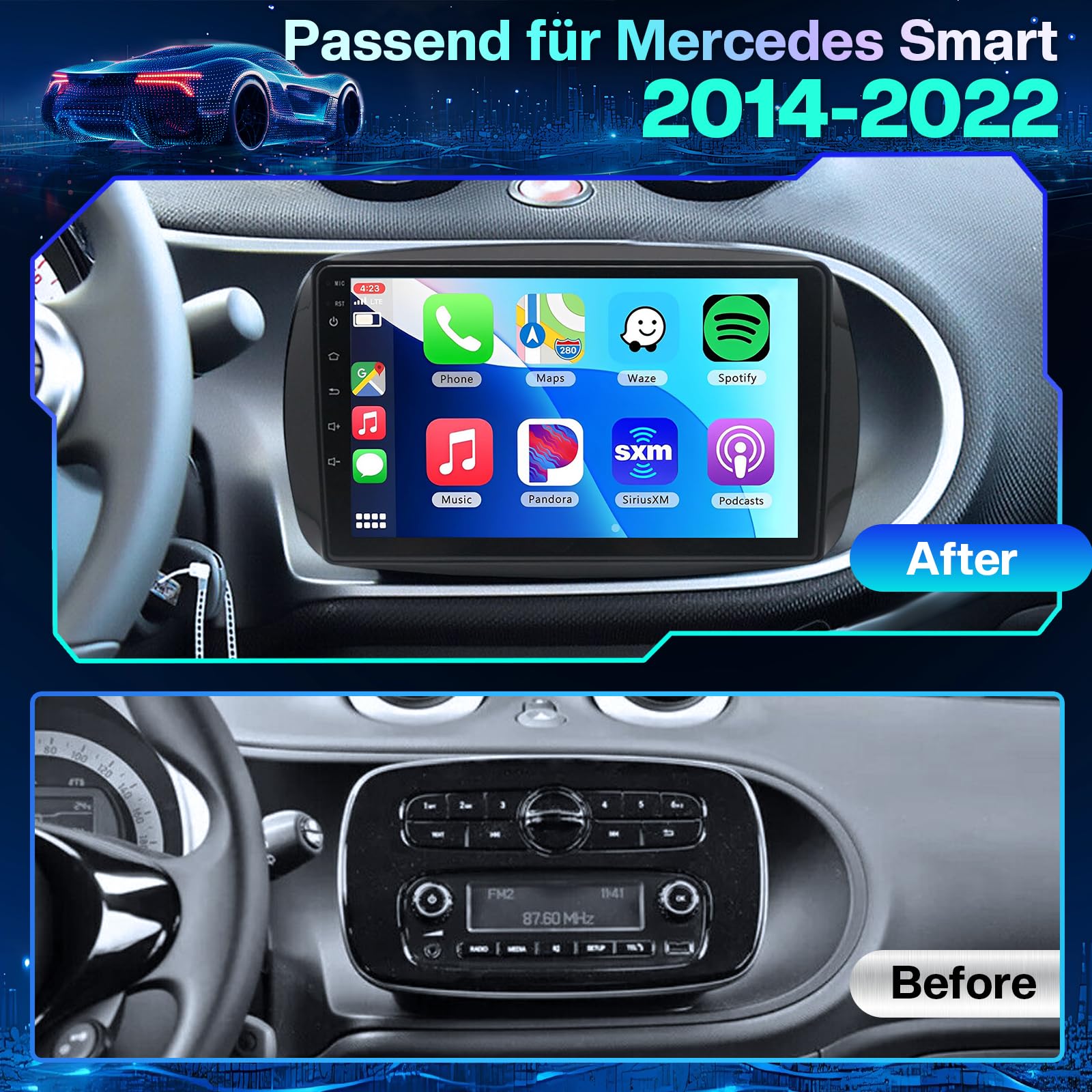 Autoradio Android 14 Radio Coche para Mercedes Benz Smart 453 Fortwo 2014-2022 con Carplay y Android Auto 9" Pantalla Táctil, Bluetooth 5.0 GPS Volante Control RDS WiFi BT Cámara & Mic, 2+32G