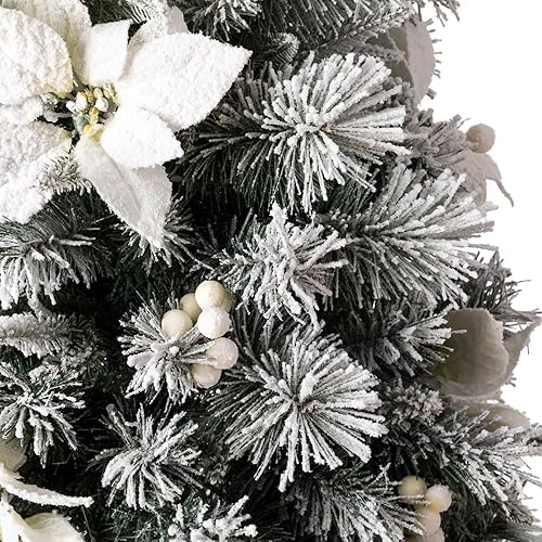 Miniatura 8 de Glitzhome Árbol de Navidad artificial de pino flocado preiluminado de 5 pies con 150 luces blancas cálidas y flor de pascua para decoraciones de