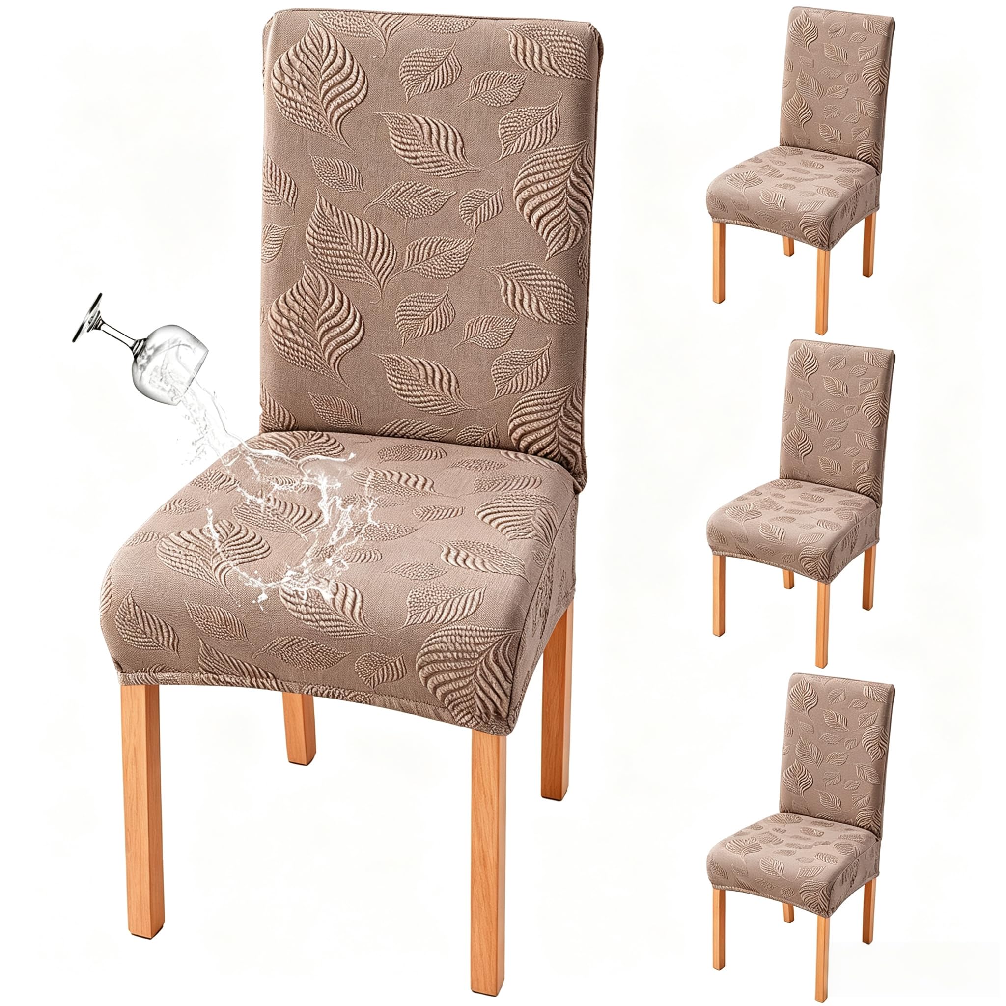 Genina Waterproof Dining Chair Covers Set of 4,Stretch Dining Room Chair Slipcovers with Leaf Jacquard,Removable Kitchen Chair Protector for Home,Restaurant,Banquet-Taupe