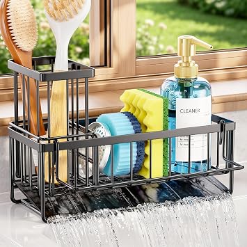 Sponge Holder for Kitchen Sink, Kitchen Sink Caddy, Kitchen Sink Sponge Holder, Dish Sponge Holder, Kitchen Sink Organizer for Sponge, Dish Brush, Scrubber9.65" x 3.74" x 6.3", Black