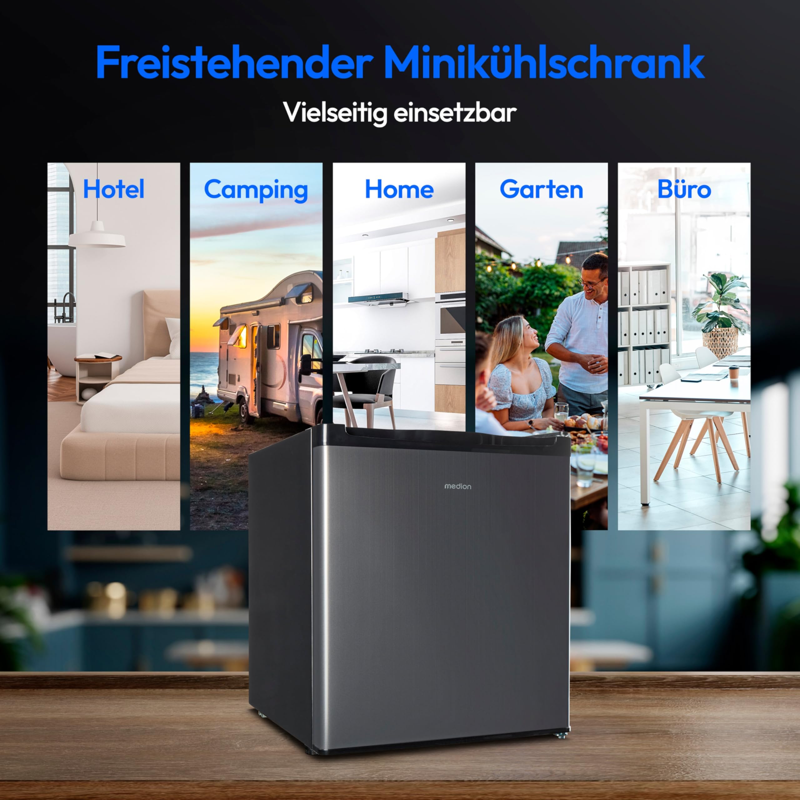 MEDION mini Kühlschrank mit Gefrierfach (klein, leise, 41L kleiner Kühlschrank für Büro Hotels Minibar Camping Gaming, Getränkekühlschrank, Speisen & Eis, Türanschlag wechselbar, MD37724) grau