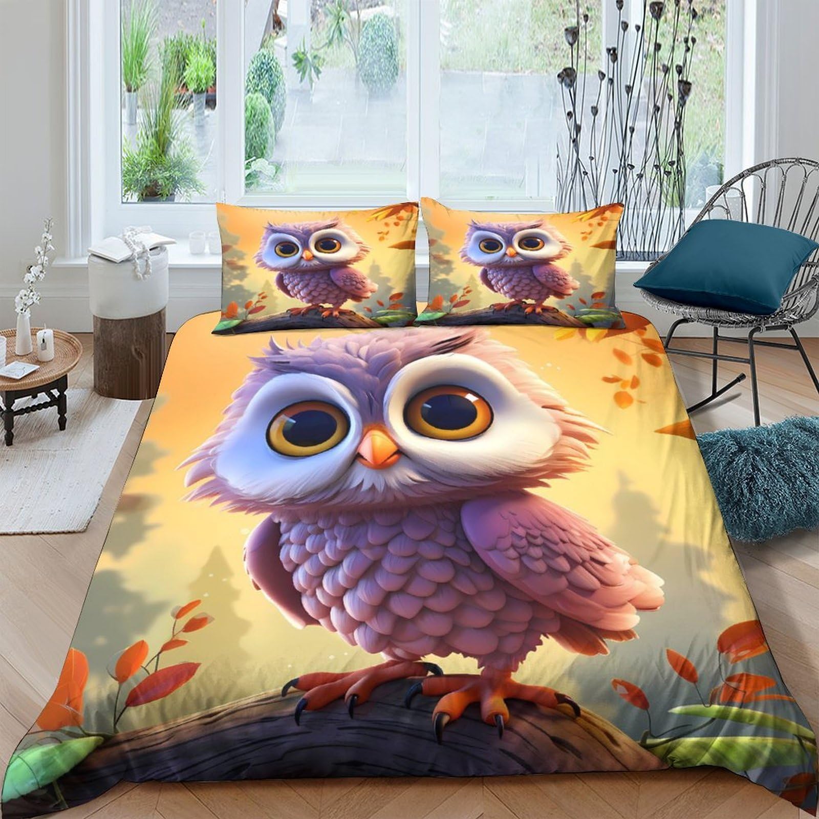 GPLZQXKJNH 3D Printed Cute Owl Duvet Cover Microfiber Soft Breathable Forest Animal Bedding Set with 2 Pillowcases for Bedroom Decor, Single（135x200cm）