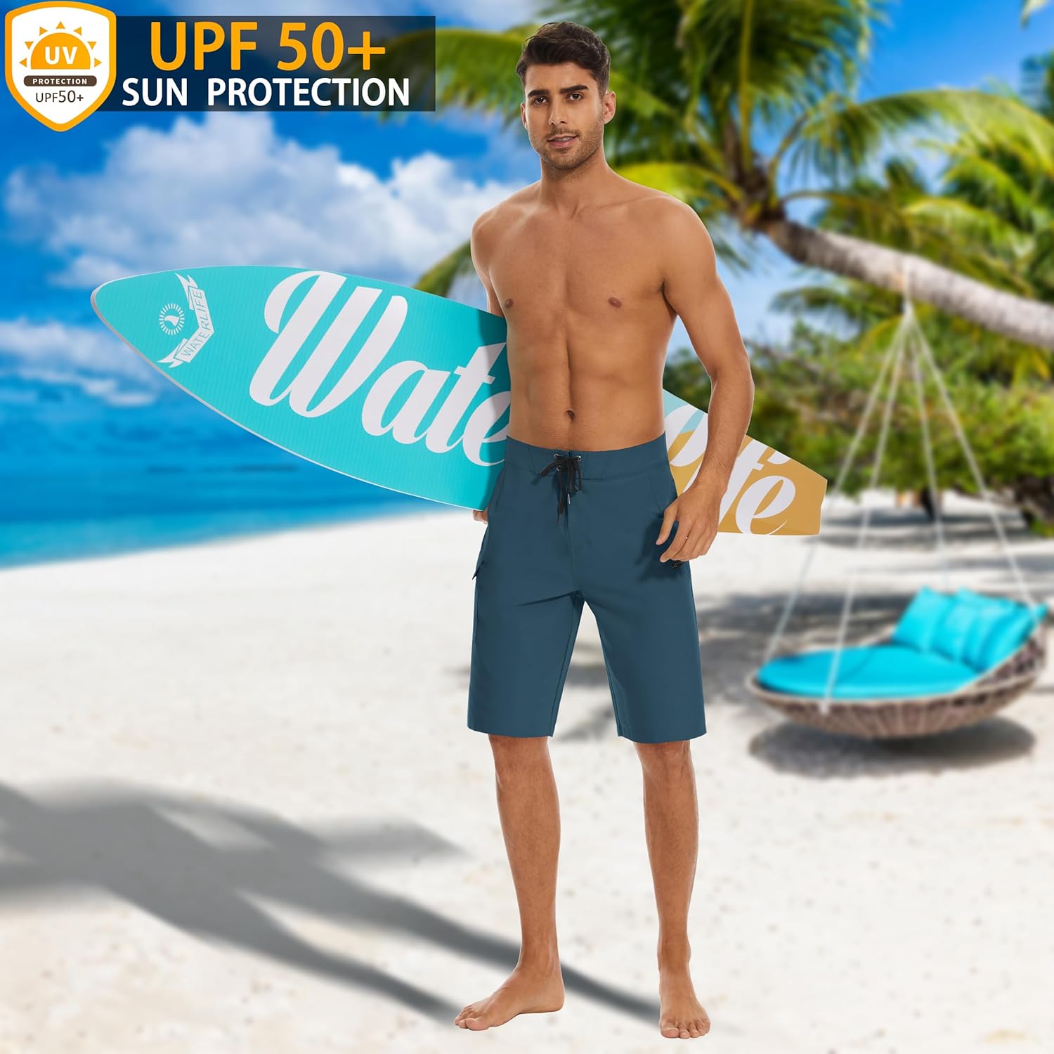 MIVEI 22" Men's Board Shorts Swimwear No Mesh Lining - Long Swim Trunks Surf Shorts Bathing Suit with Zipper Pocket UPF50+