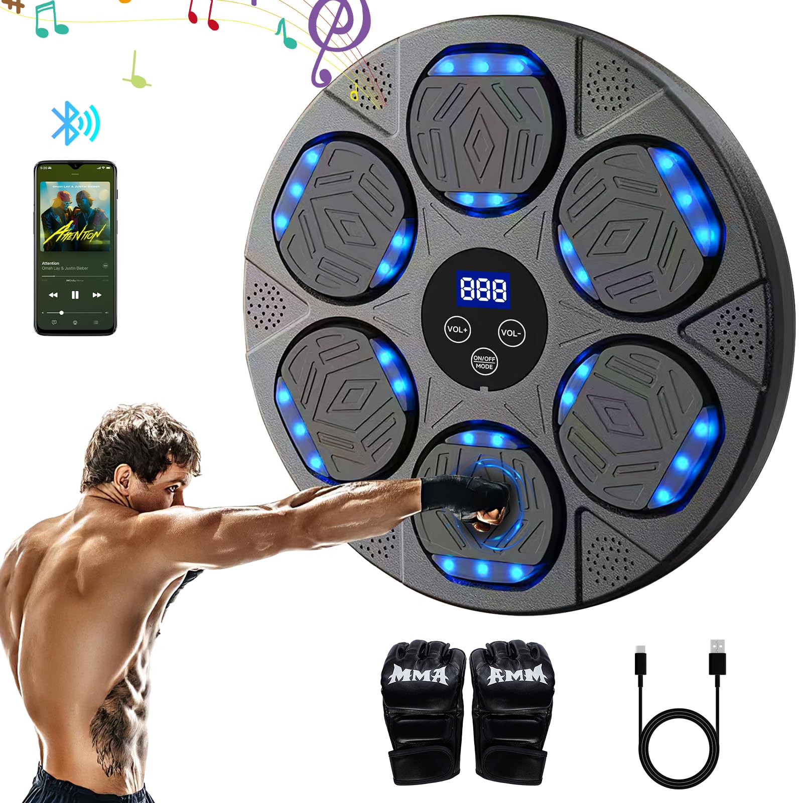 Music Boxing Machine Adulti,9 modalità di velocità LED Macchina da Box Musicale Pugile con Musica,Machine Montata a Parete con Guanti da Boxe,Bluetooth Boxe Allenamento per Bambini Adulti Casa