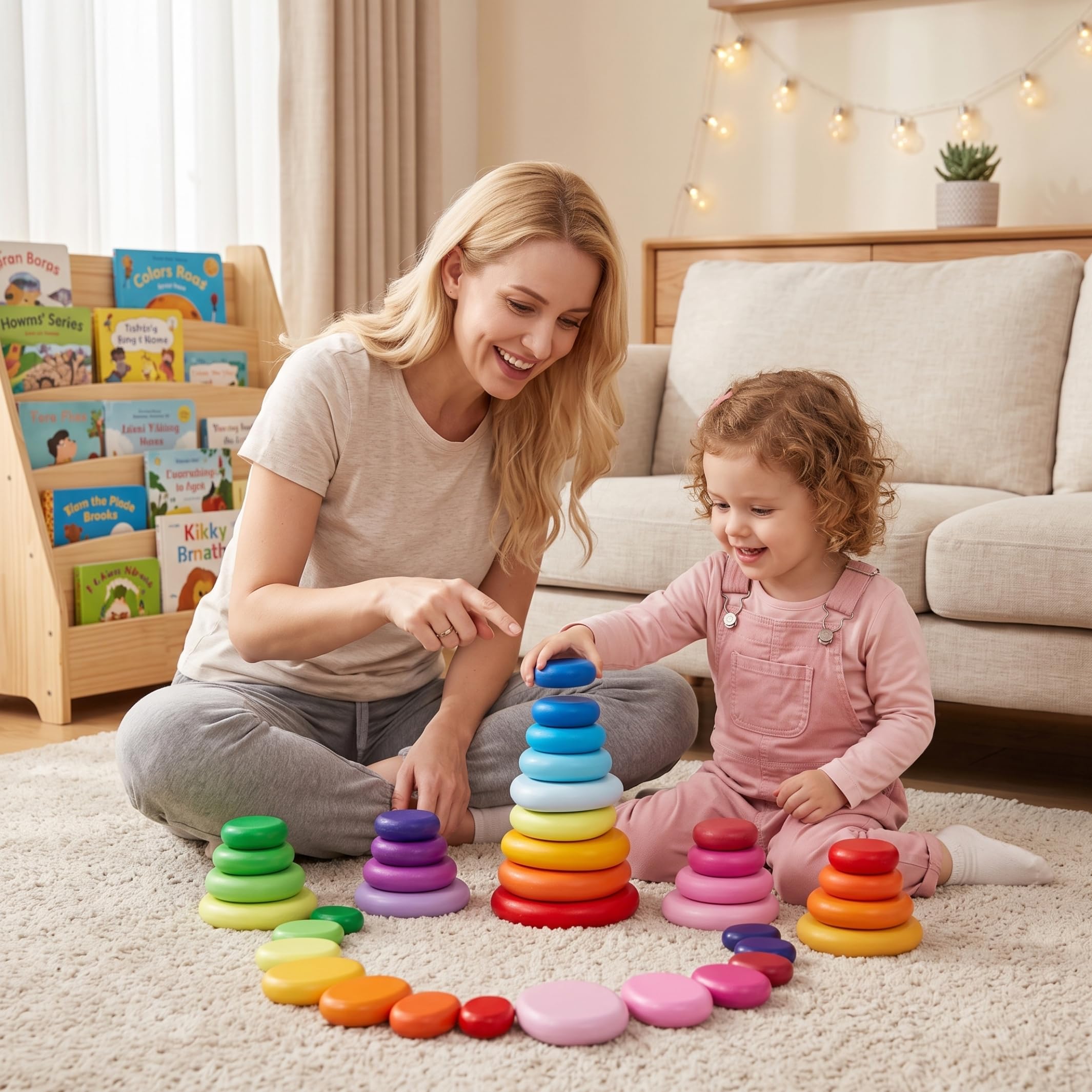 Juguetes apilables para niños pequeños de 1 a 3 años, Bloques de Madera para niños pequeños de 1 a 3 años – Juego Creativo de Piedras apilables de Madera de arcoíris