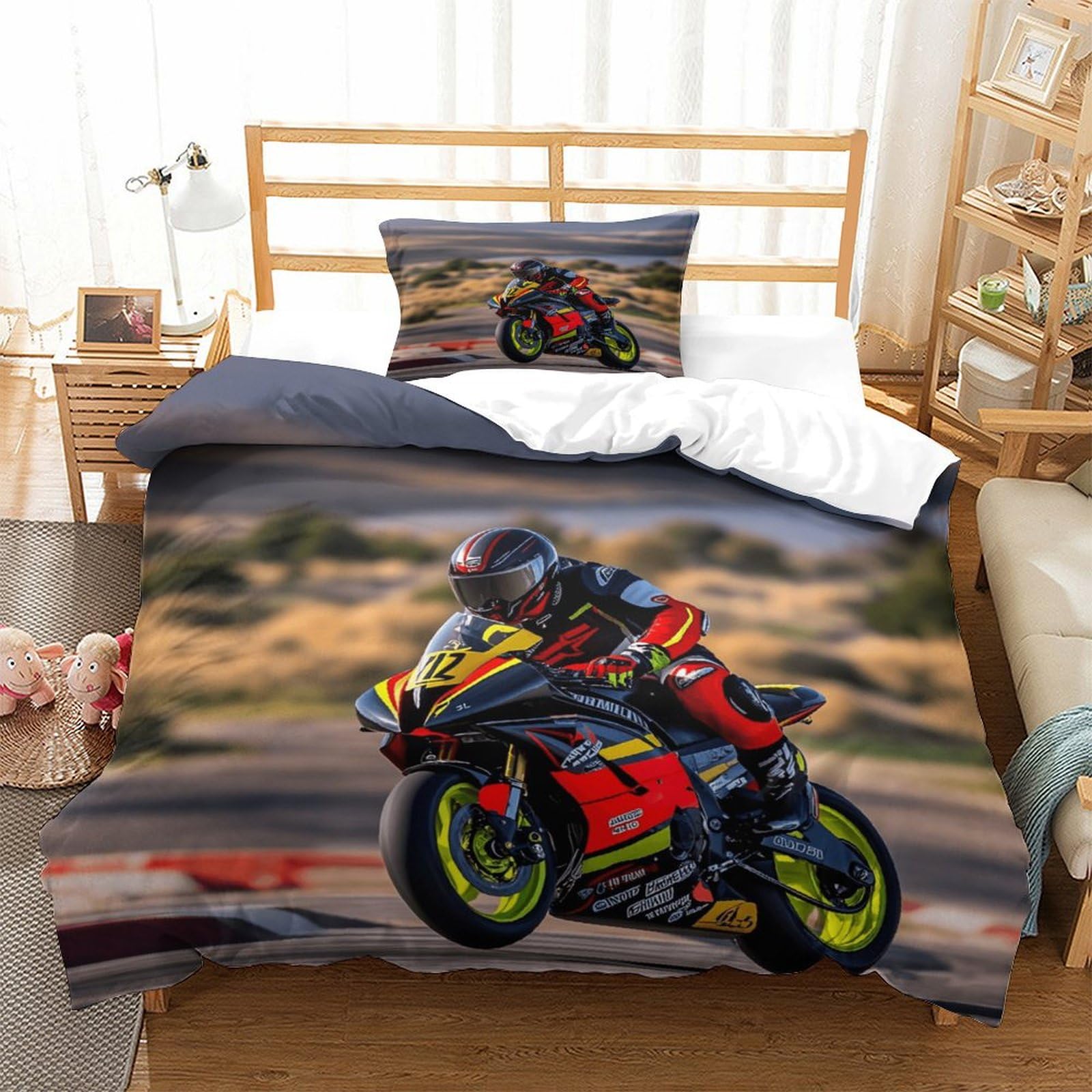 XiaopangXY Moto Racing Washable Quilt Cover Set Hidden Zipper Duvet Cover Set with Pillowcases Bedding Set Soft Microfiber Motorcycle Bed Linen Set for Kids & Adults Single（135x200cm）
