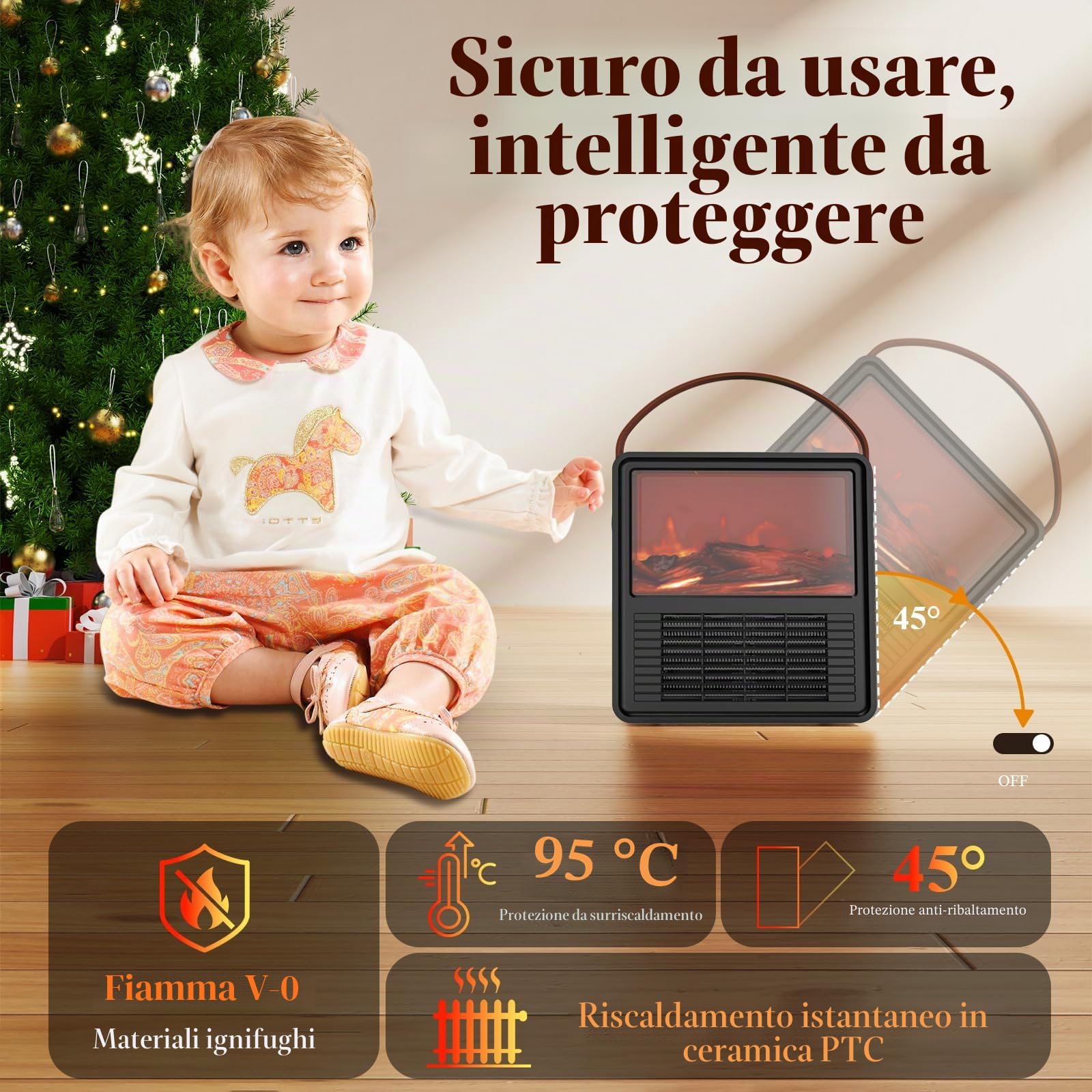 Minthouz Termoventilatore Elettrico 1200W/800W con Effetto Fiamma 3D, Termostato Regolabile, Sicuro, Basso Rumore, Protezione da Surriscaldamento e Ribaltamento, per Camera da Letto e Ufficio