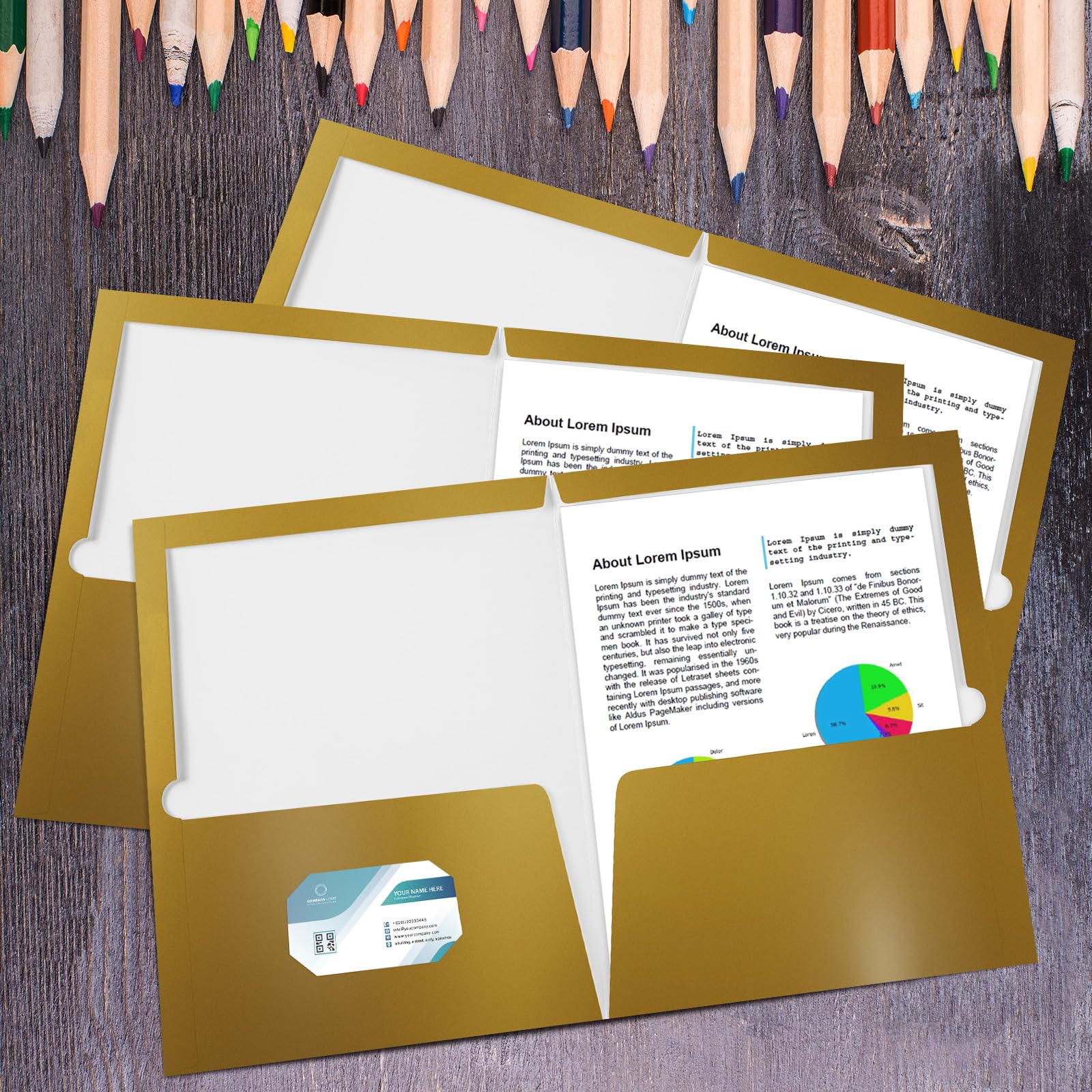 Yeaqee Foldery z 2 kieszeniami, błyszczące, laminowane, białe papierowe, teczki prezentacyjne, dwie kieszenie, teczka na dokumenty, rozmiar liter, dla nauczyciela, materiały biurowe (złoty)