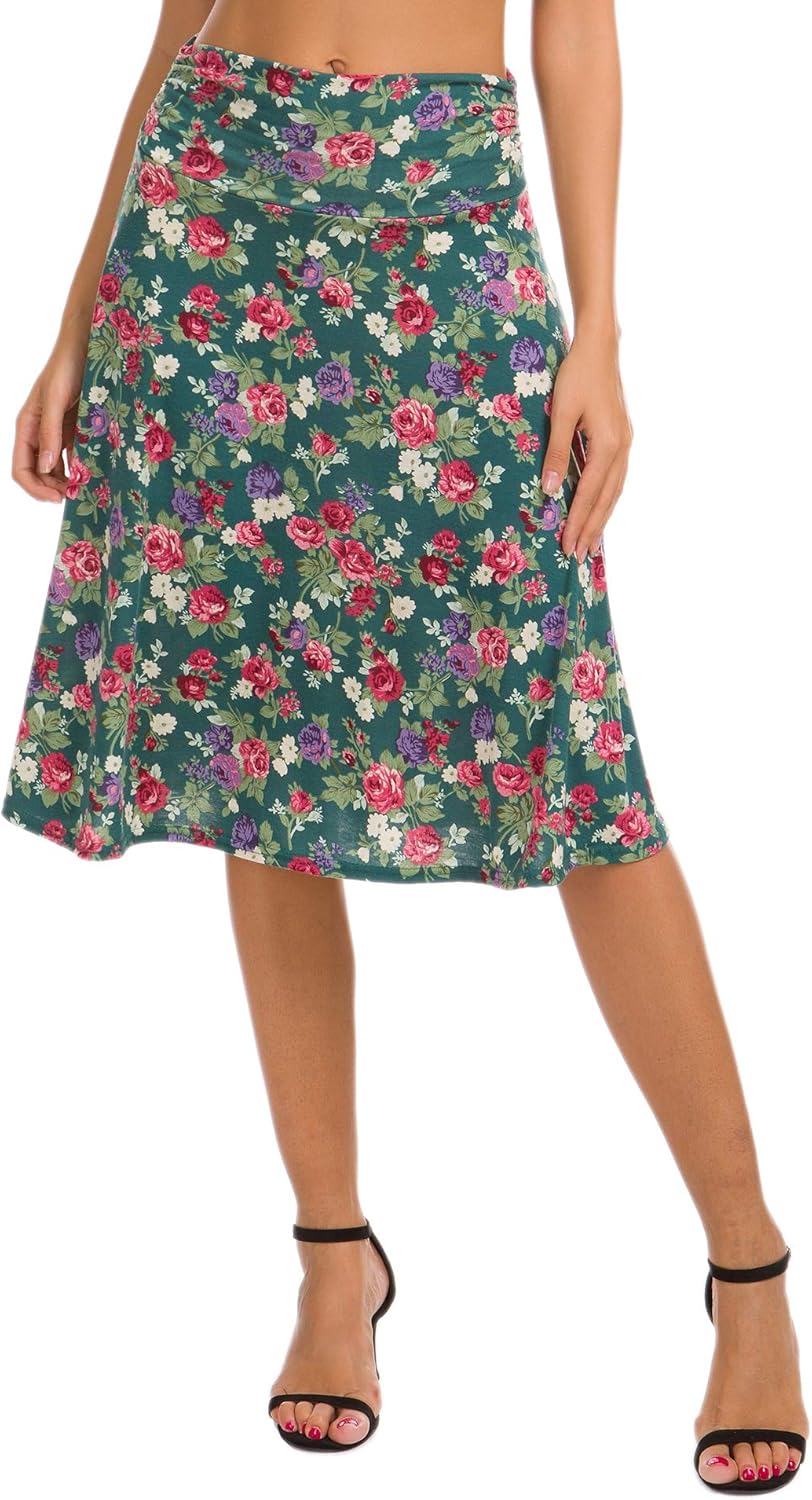 Urban CoCo Women’s Ruched High Waist Knee Length Jersey A-Line Stretchy Flared Casual Skirt