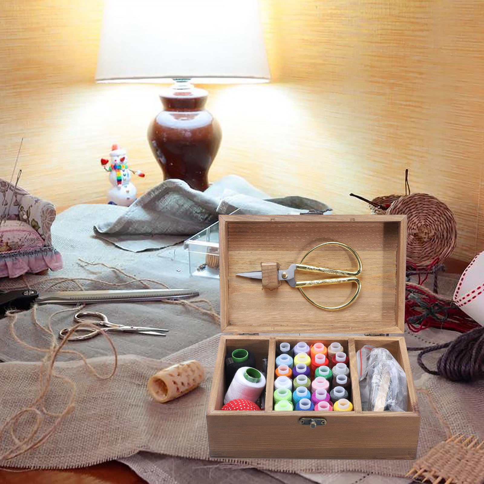 Kit de Costura Gran Capacidad para Guardar Agujas Caja de Almacenamiento de Madera Natural Retro Hogar Hilos y Herramientas de Costura DIY