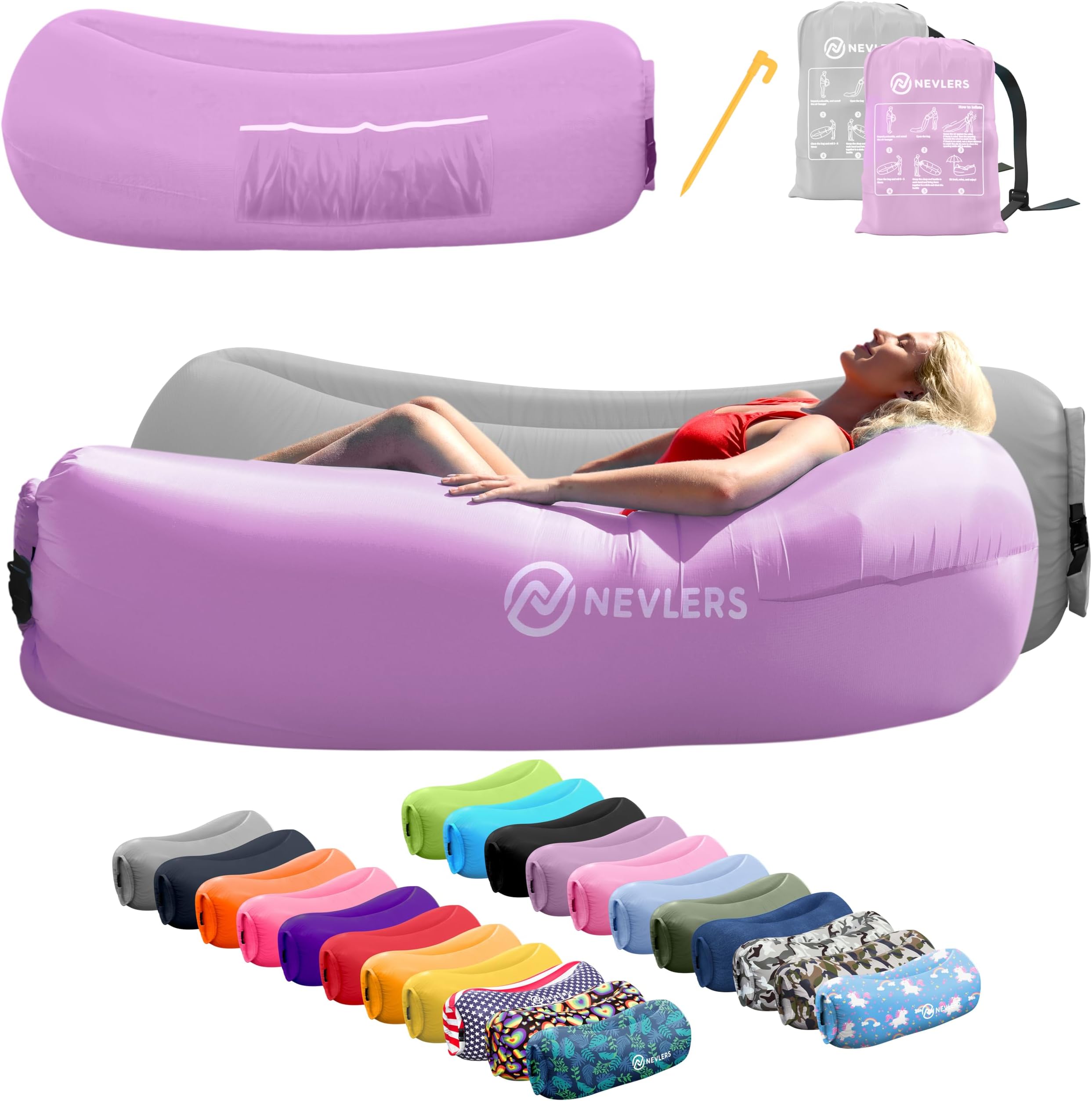 Nevlers Lavender & Gray Inflatable Couch 2 Pack | 210T Polyester Inflatable Lounger | Blow Up Couch Set w/ 450 lbs. Capacity, Pockets & Matching Bag for Use as Festival Essentials & Beach Must Haves