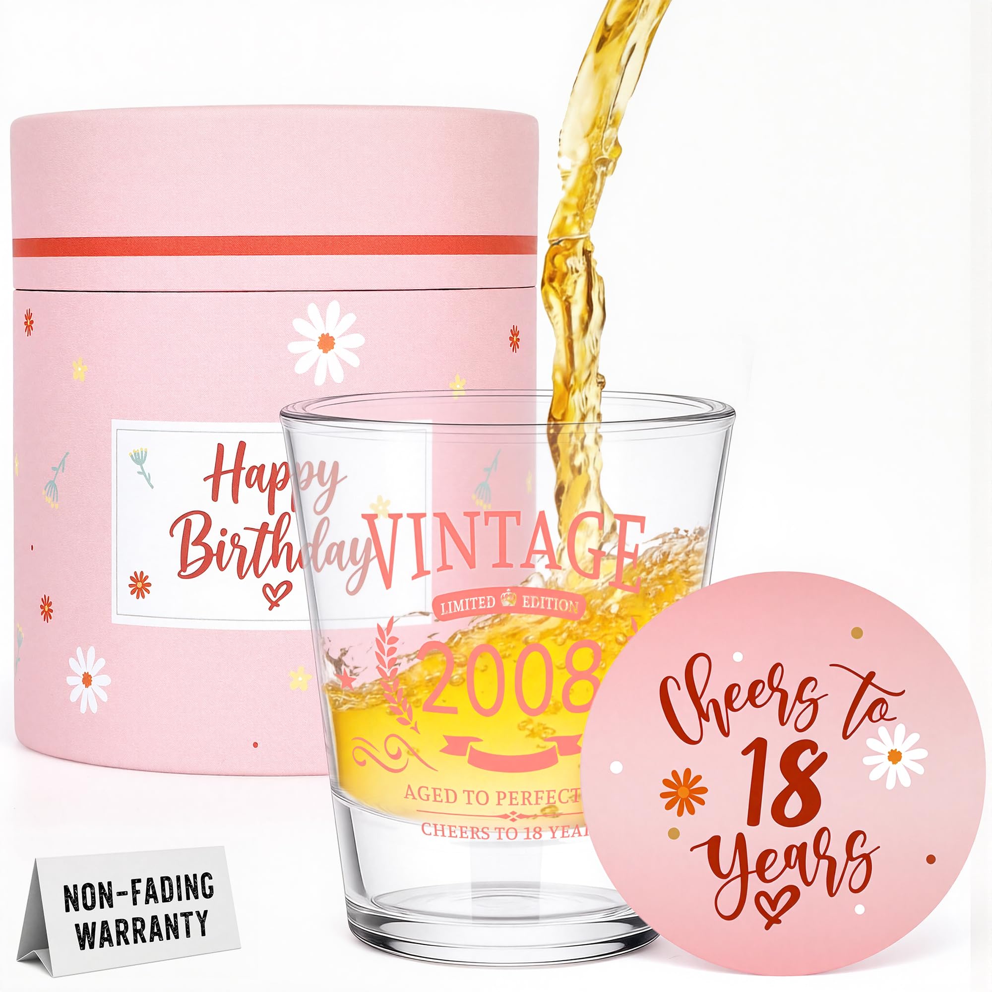 ZenDecor 18th Birthday Gifts for Girls - Limited Edition 18th Birthday Shot Glass Set, Vintage 2008 Cheers to 18 Years, Personalised Shot Glass for Girl Sister Daughter Friends 18 Year Old Girl Gifts