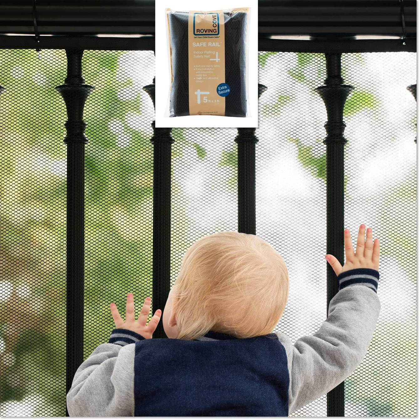 5ft Guard + 8 Locks - Bundle & Save - Roving Cove Stair Railing Safety Net (5ft L x 3ft H, Ebony Black) + Roving Cove Magnetic Cabinet and Drawer Locks (8 Locks 2 Keys)