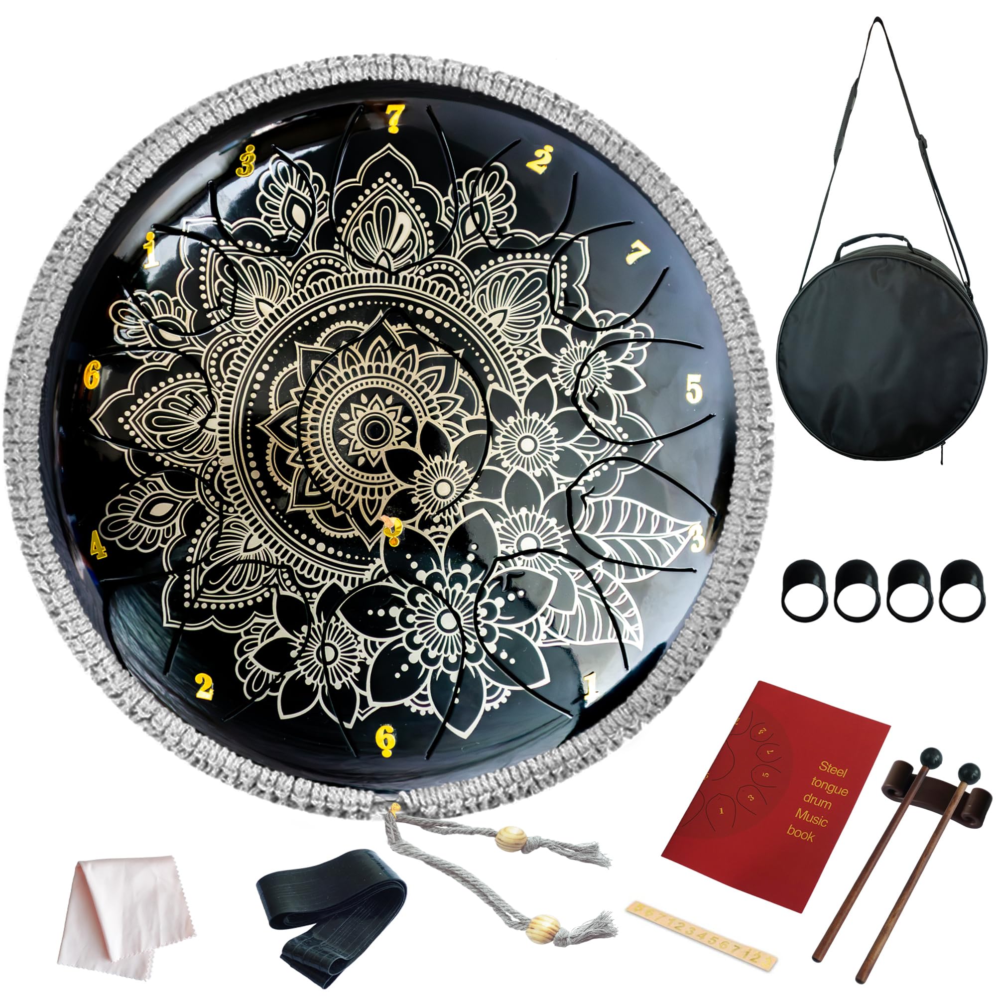 LUZENT 12 Inches 13 Notes Steel Tongue Drum Handpan Mandala Flower Engraved Kit for Adults Beginners, C Key 440Hz, Black