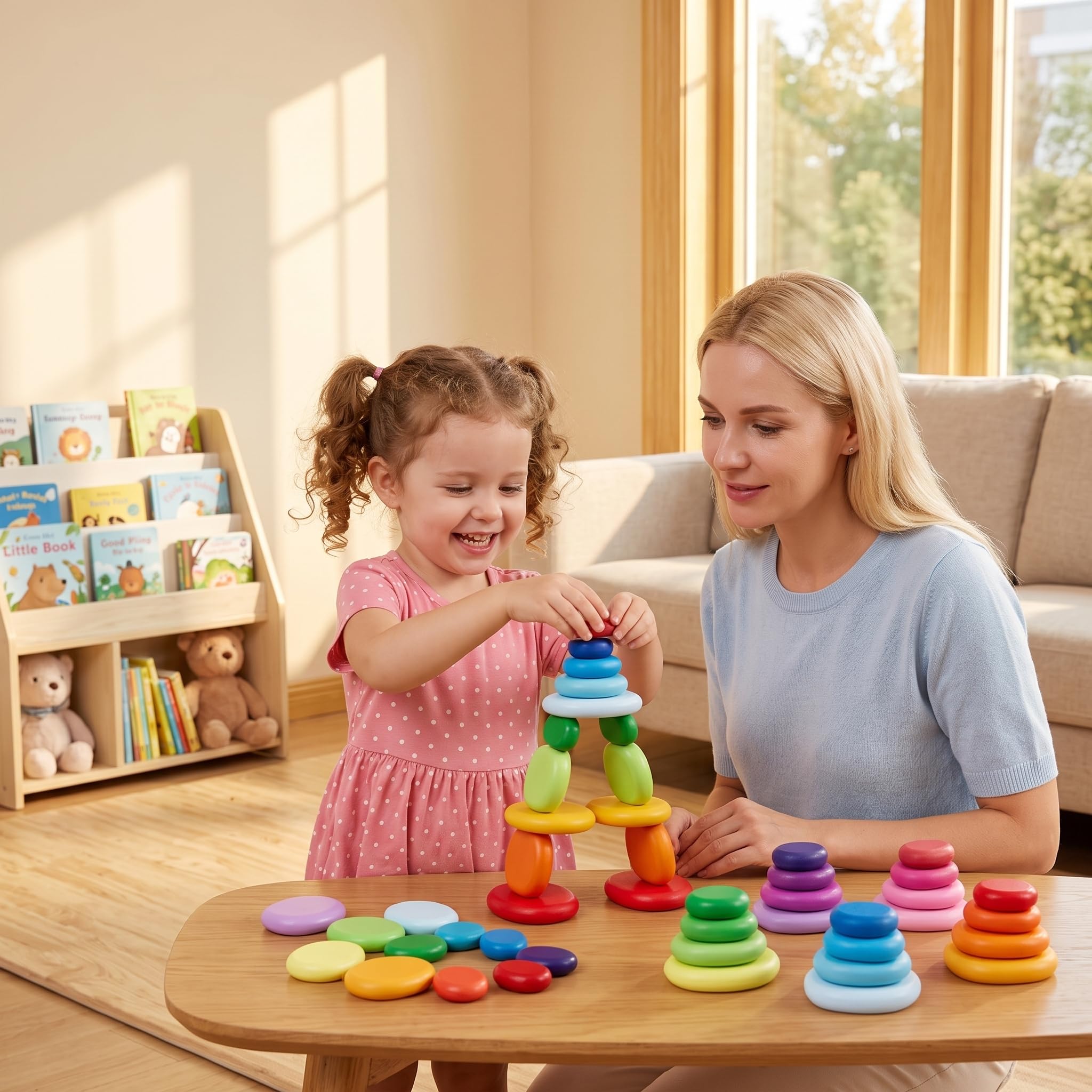 Juguetes apilables para niños pequeños de 1 a 3 años, Bloques de Madera para niños pequeños de 1 a 3 años – Juego Creativo de Piedras apilables de Madera de arcoíris