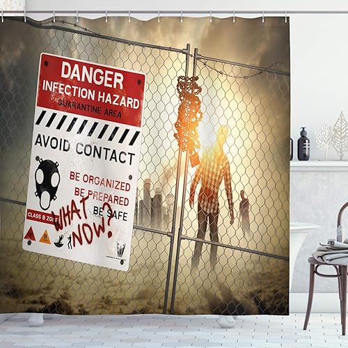 Ambesonne Cortina de ducha de zombi, hombre muerto caminando en peligro oscuro, escena de terror, imagen de infección de Halloween, juego de
