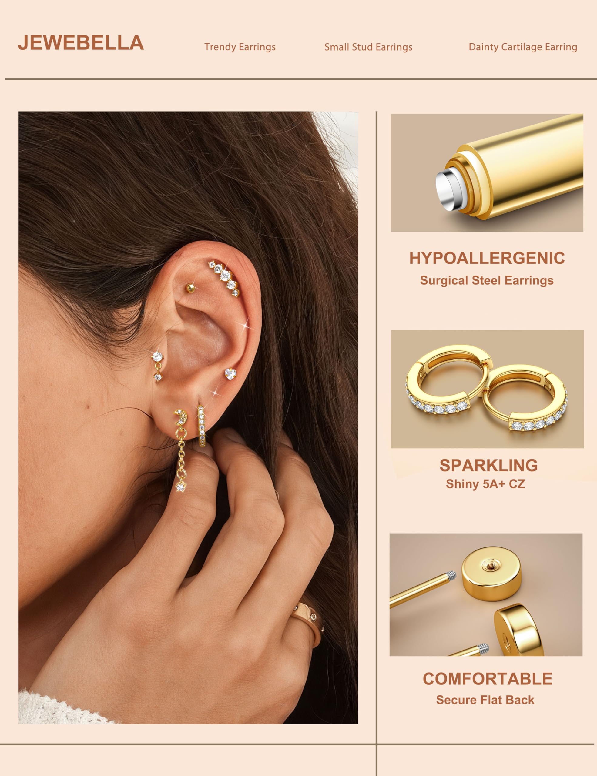 HMJGDHX 12 sztuk Helix Piercing biżuteria srebrne złote kolczyki dla kobiet chirurgiczne stalowe kolczyki z płaskim tyłem Rook Daith Conch Tragus Piercing biżuteria małe Helix Hoop kolczyki na