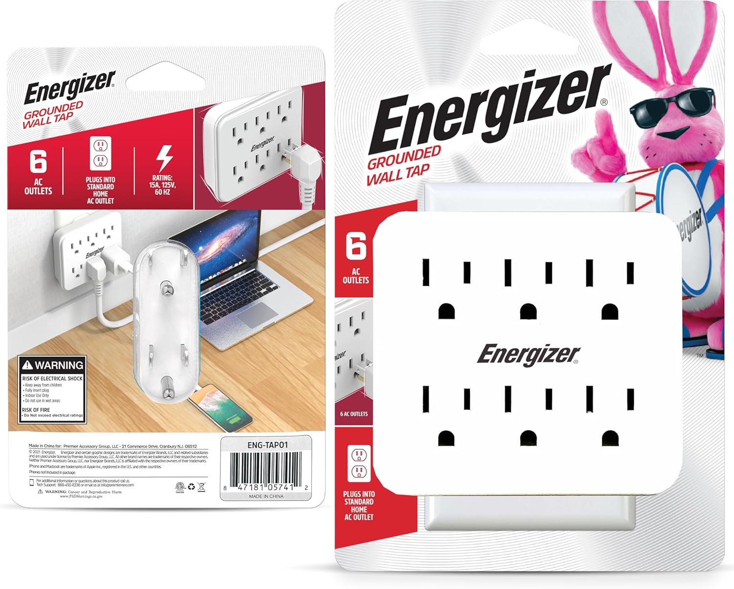 Energizer 4 Packs of 6 Device Multi Plug Wall Outlet Extender (6) AC Power Outlets Grounded Power Strip Expander Outlet Splitter Plug in Adapter, White, ENG-4PKTAP01
