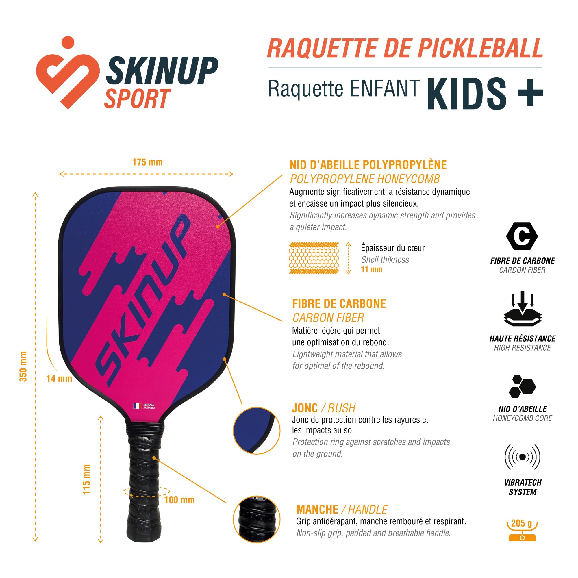 SKINUP Sport Raquette de Pickleball Enfant, Fibre de Carbone, Nid d'abeille Polypropylène, Manche 100mm, 205g, pour Enfant jusqu'à 8 Ans