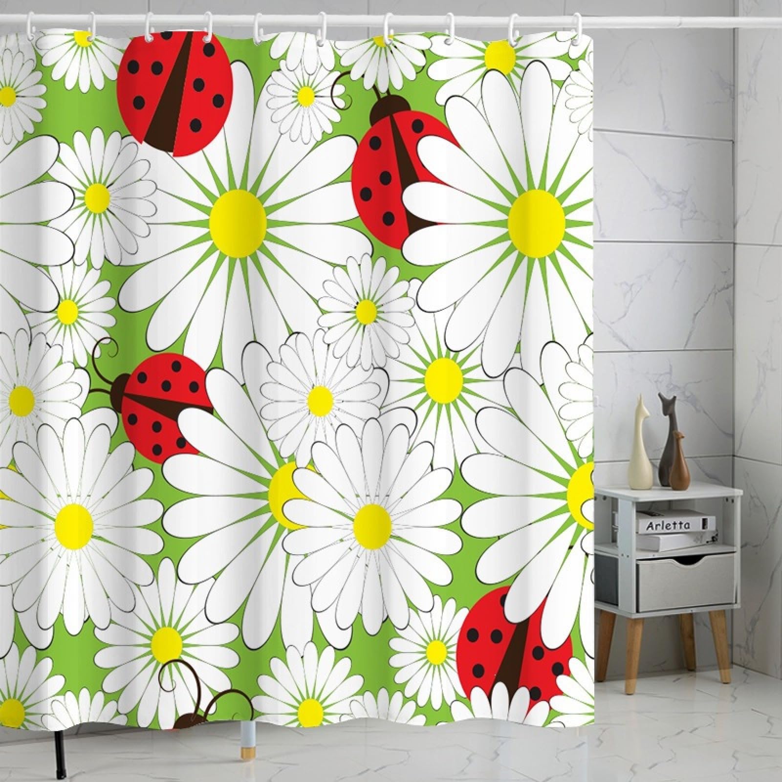 Shower Curtains Red Insect Flower Wet Room Shower Curtain Mould Proof Resistant Waterproof Polyster Fabric Washable with 12 Hooks Garden Bathroom Curtains (180x200cm)