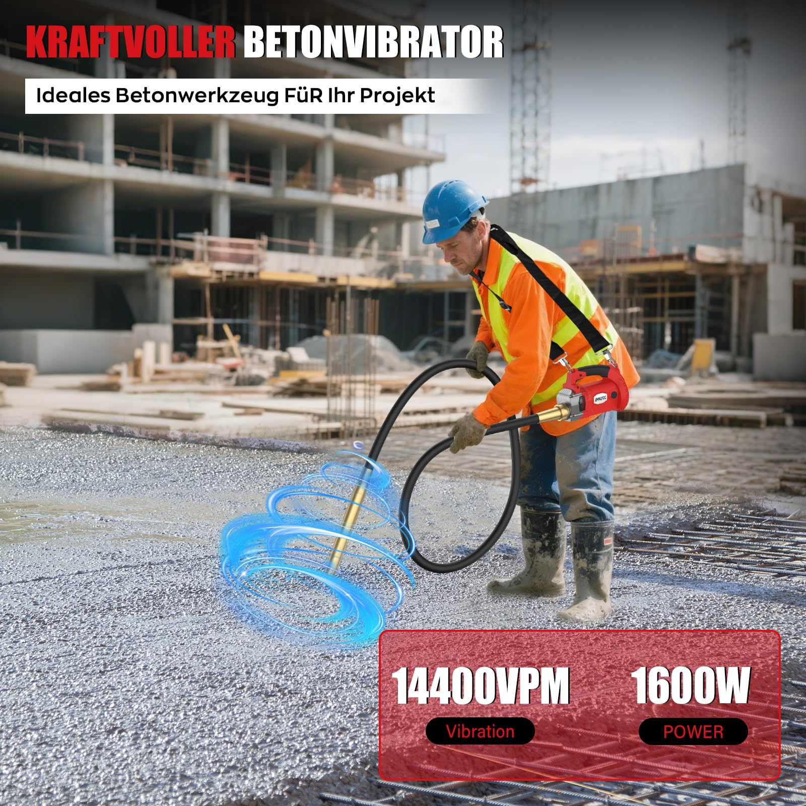 IMAYCC1600W Vibratore Per Calcestruzzo Con Cinghia Regolabile, Vibratore Da Costruzione Elettrico 5000 Giri/Min, Lunghezza Asta Vibrante 2m, Diametro Albero Vibrante 38mm, Per Strade Tunnel Ponti