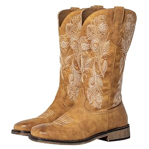SheSole Wide Calf Cowboy Boots Women - Bold Cowgirl Western Square Toe Hidden Stretch Panel Cushioned Insole for