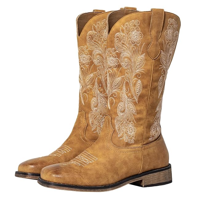 SheSole Wide Calf Cowboy Boots Women - Bold Cowgirl Western Square Toe Hidden Stretch Panel Cushioned Insole for