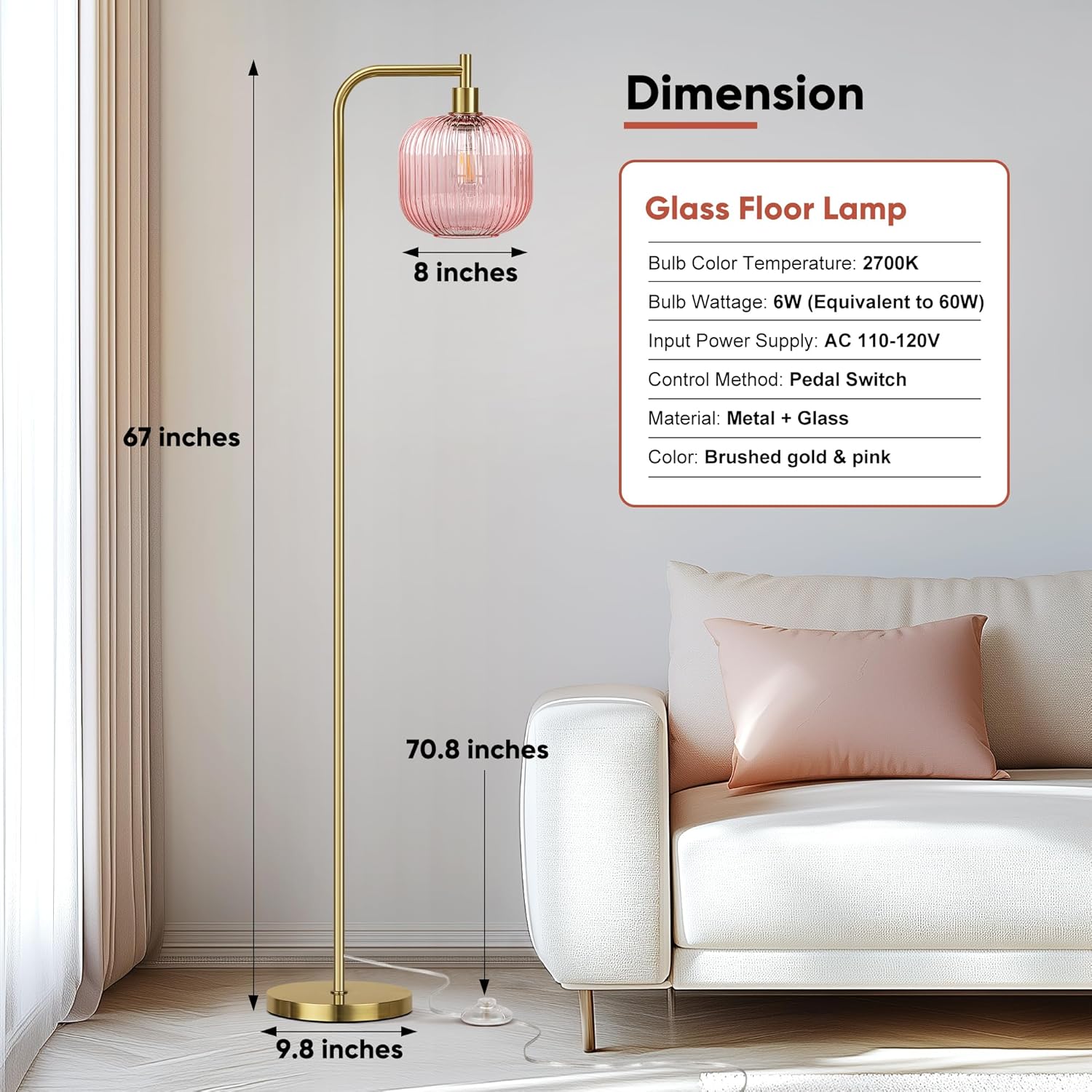 QiMH Glass Floor Lamp for Living Room, 67” Modern Standing Lamp with Pink Ribbed Glass Lampshade Pedal Switch Tall Lamp for Bedroom, Brushed Gold (2700K LED Bulb Included)