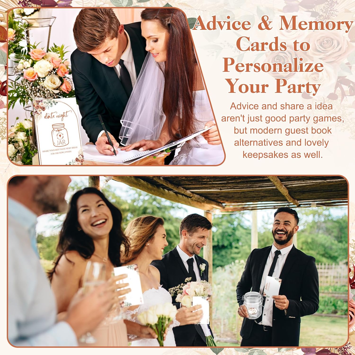 DoubleFill 76 Pcs Bridal Shower Games Include Date Night Jar Wooden Sign 60 Cards 12 Color Pen 2 Stickers for The Newlyweds Wedding Reception Games Date Idea Party Favors Decoration(Boho Style)