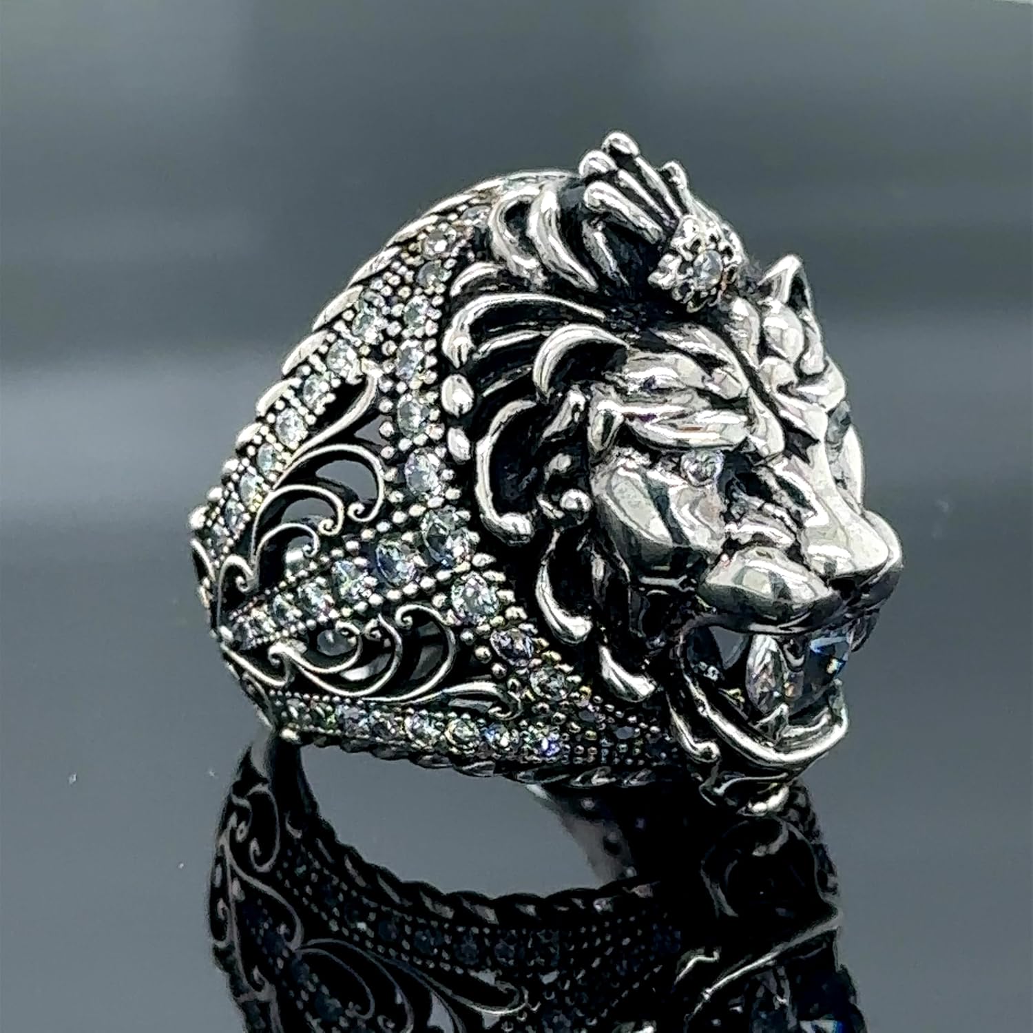 3D Leon Head Ring, Moissanite Stone Lion Ring, Sterling Silver, 18 Grams