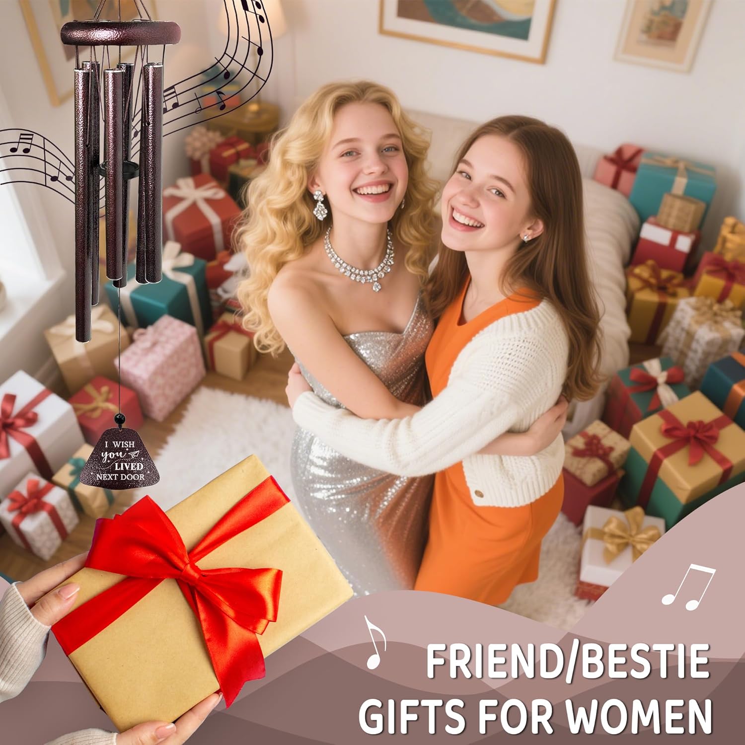 Birthday Gifts for Women Wind Chimes 32”, I Wish You Lived Next Door, Best Friend/Friendship/Bestie/Sister Gifts for Women, Christmas Anniversary Birthday Gift for Her Friend Sister Bestie Mom - Image 2