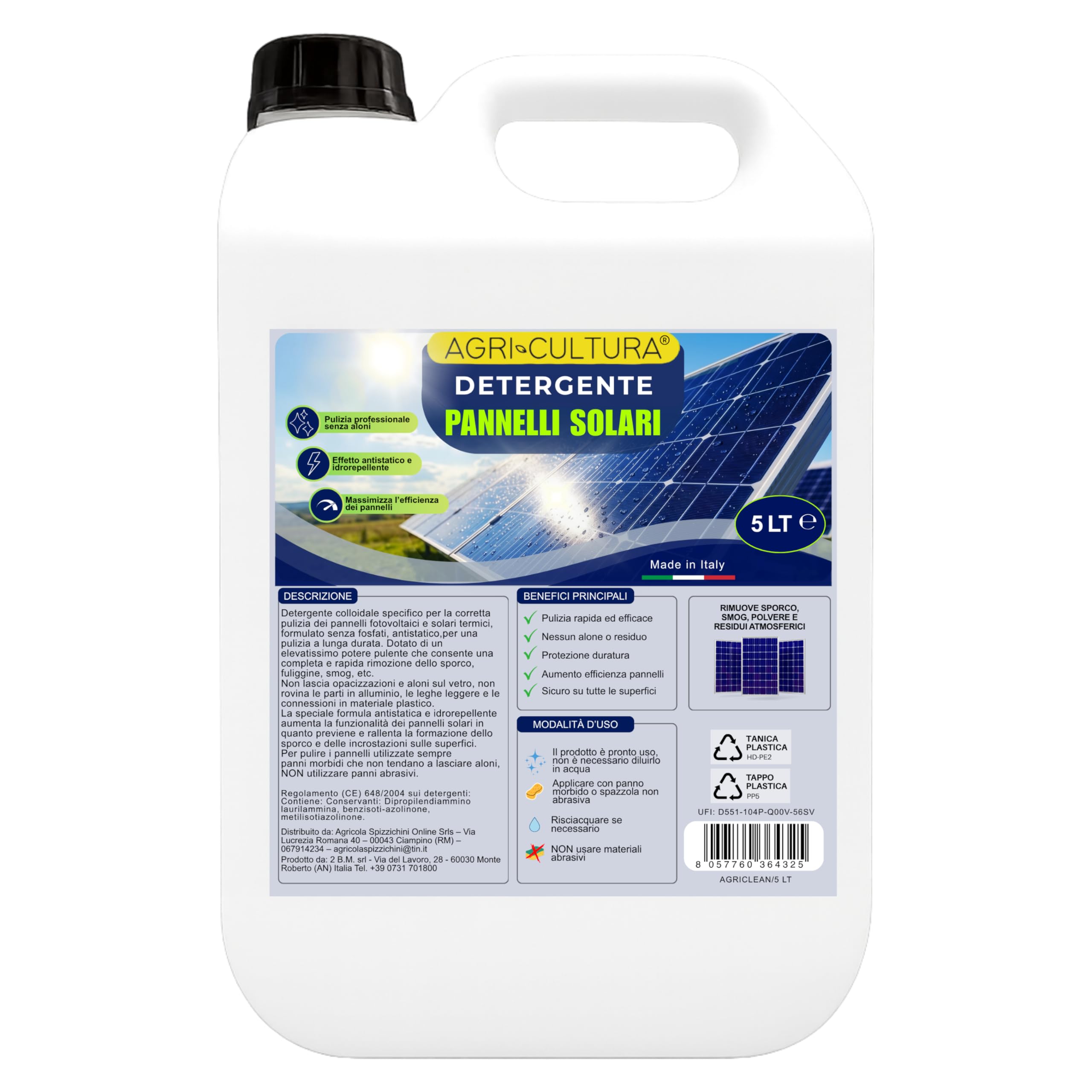 Detergente Pannelli Fotovoltaici 5L Antistatico Senza Aloni